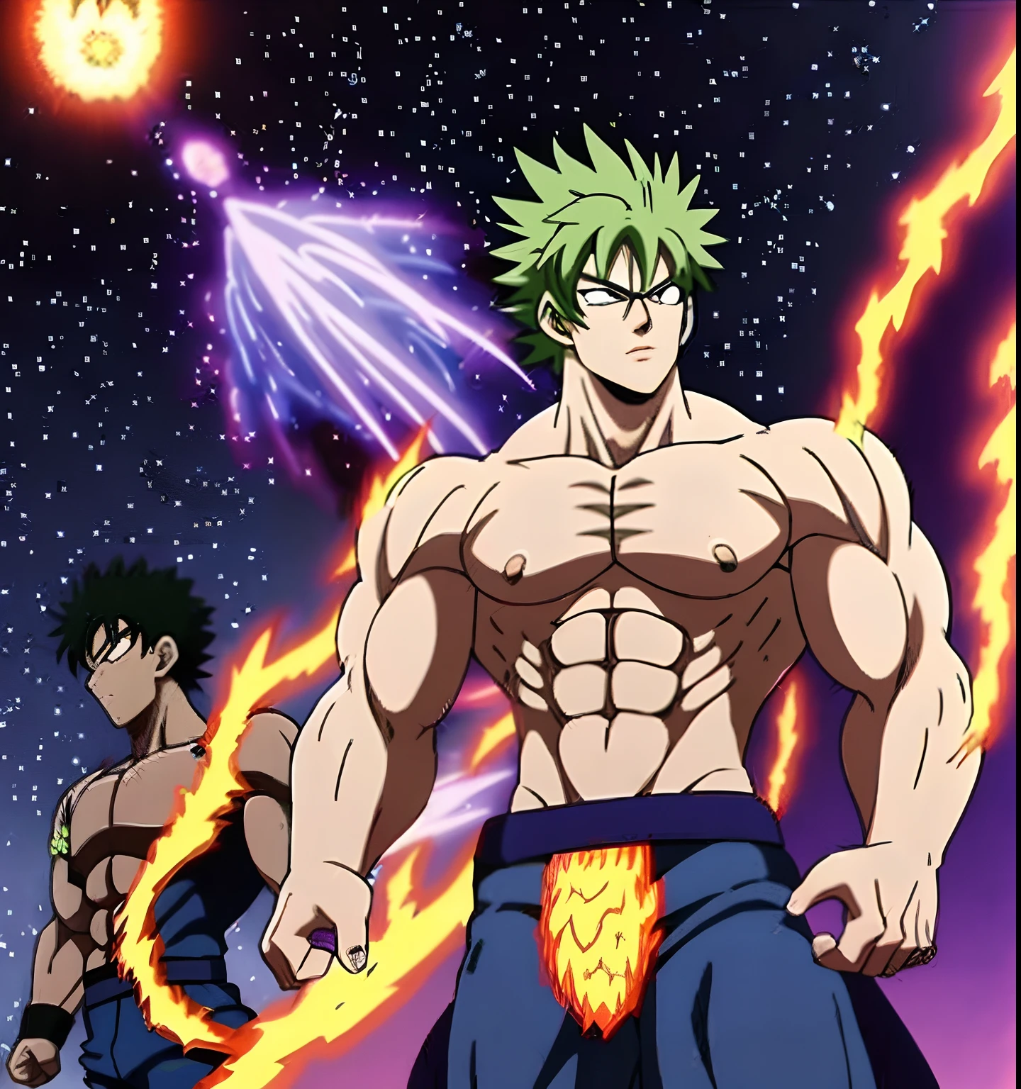((anime style art,)) heroes dance around a glowing meteorite, extremely muscular masculine character, shirtless, ripped clothes, meteor, fireball, punch