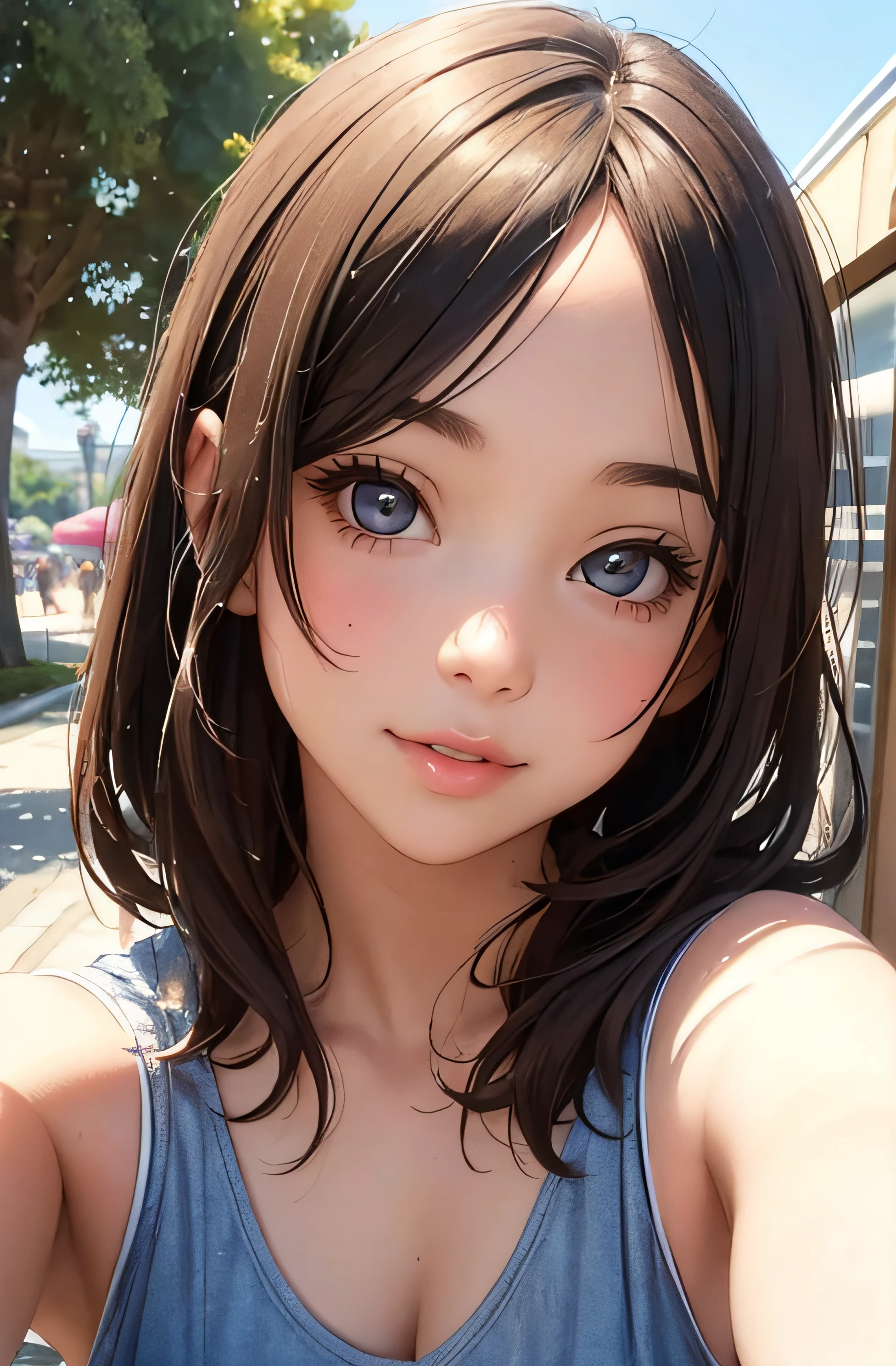 girl in summer clothes, top shot,((selfie)), brown eyes, blue hair, random background, kiss, beautiful, medium breasts, flirtatious look, ((very detailed)), (perfectly detailed face), (well detailed hand), photorealistic image.