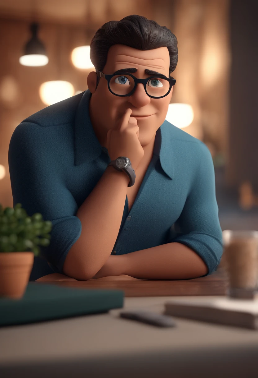 Cartoon character of a man with black glasses and a blue shirt, animation character, Caractere estilizado, animation style rendering, 3D estilizado, Arnold Maya render, 3 d render stylized, toon render keyshot, Personagem 3D, Personagem 3D, 3d rendering stylized, 3 d character render, personagem de desenho animado, Personagem de close up, Pose de personagem,  (Estilo Pixar) (master part:1.2) (Bokeh) (best quality) (pele detalhada) (textura detalhada) (8k) (argila) (Cinematic lighting) (foco nítido
