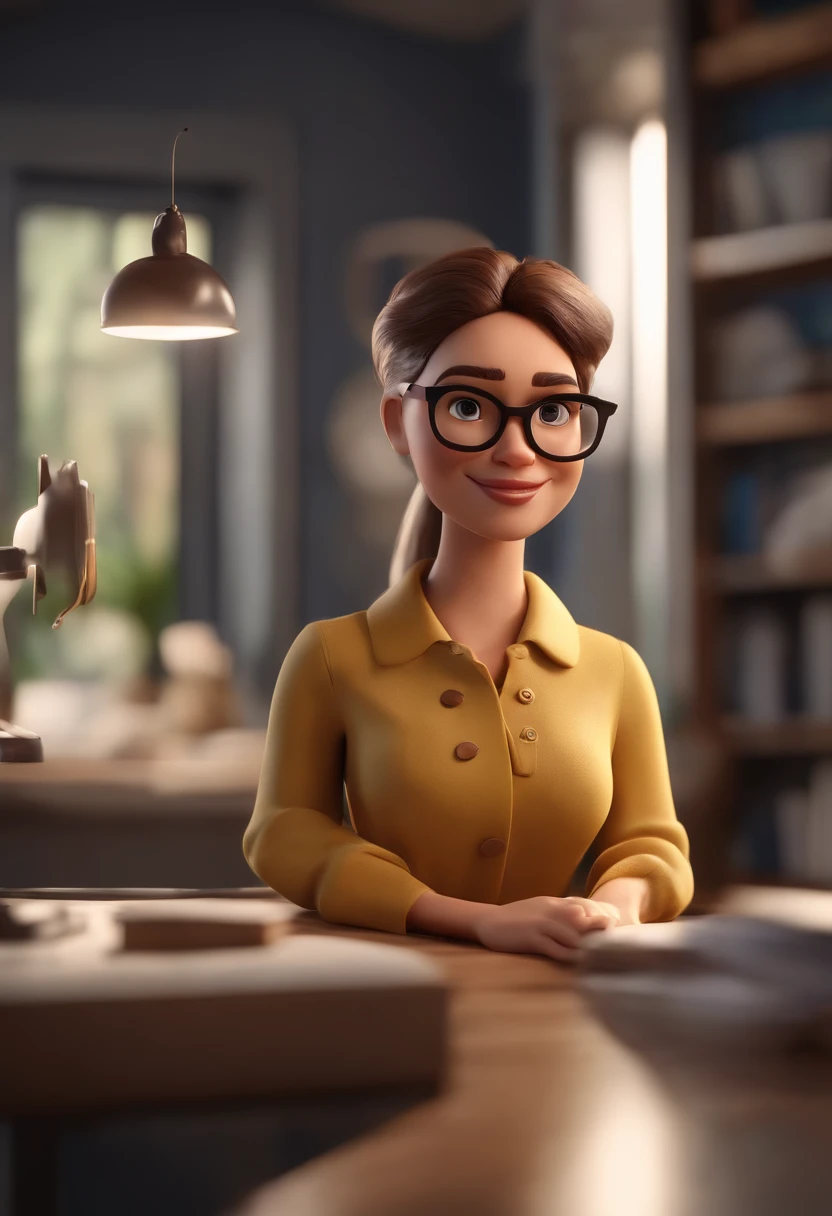 Cartoon character of a woman wearing black glasses and a blue shirt, um personagem animado, Caractere estilizado, animation style rendering, 3D estilizado, Arnold Maya render, 3 d render stylized, toon render keyshot, Personagem 3D, Personagem 3D, 3d rendering stylized, 3 d character render, personagem de desenho animado, Personagem de close up, Pose de personagem, (Estilo Pixar) (master part:1.2) (Bokeh) (best quality) (pele detalhada) (textura detalhada) (8k) (argila) (Cinematic lighting) (foco nítido,Senta e vaza a parte superior do corpo