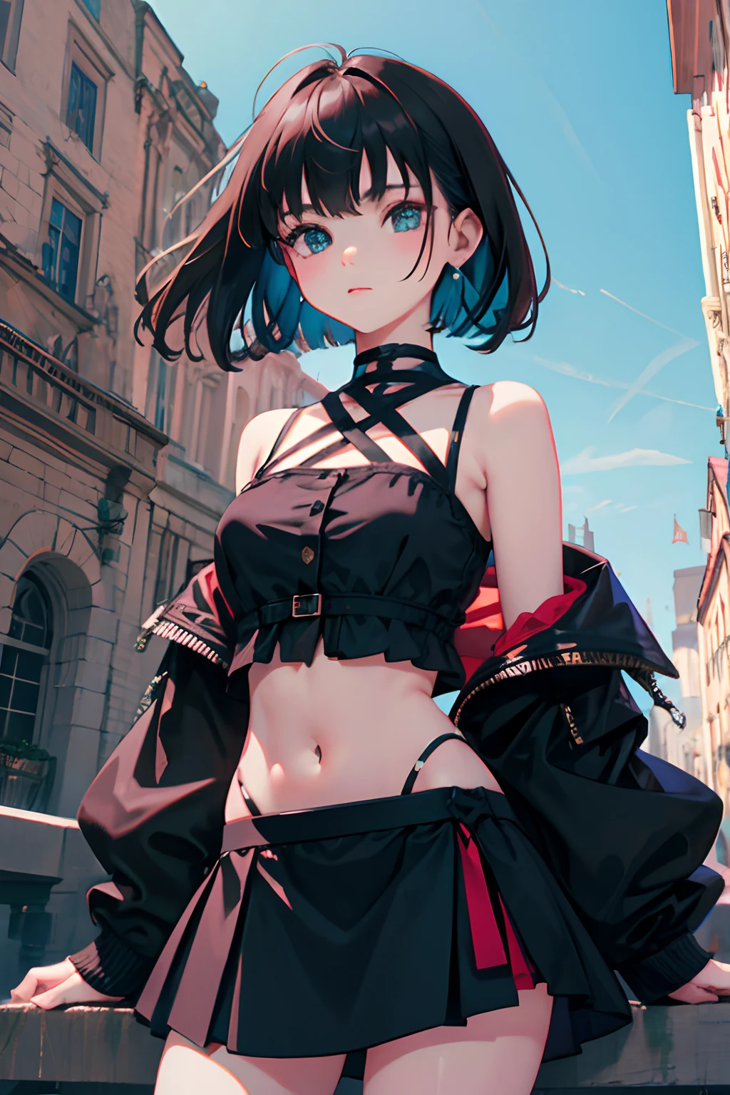 young girl　black hair　short hair　red eyes　irreverent face　look down　thin body　thin thighs　small breasts　small ass　toned body　blue sky　cloud　hair blowing in the wind　high quality　High resolution　8K　vampire　watercolor　natural feel　bridge of the nose　((最high quality)), ((masterpiece)), (get used to it), dignified face　grassland　close up of face　Beautiful as a goddess　whole face　lipstick　eye shadow　naked 　ID photo style　one piece　long eyelashes　Accurate　No decoration　Bare skin　　No accessories　underwear　9 life size　small face　rainbow colored hair