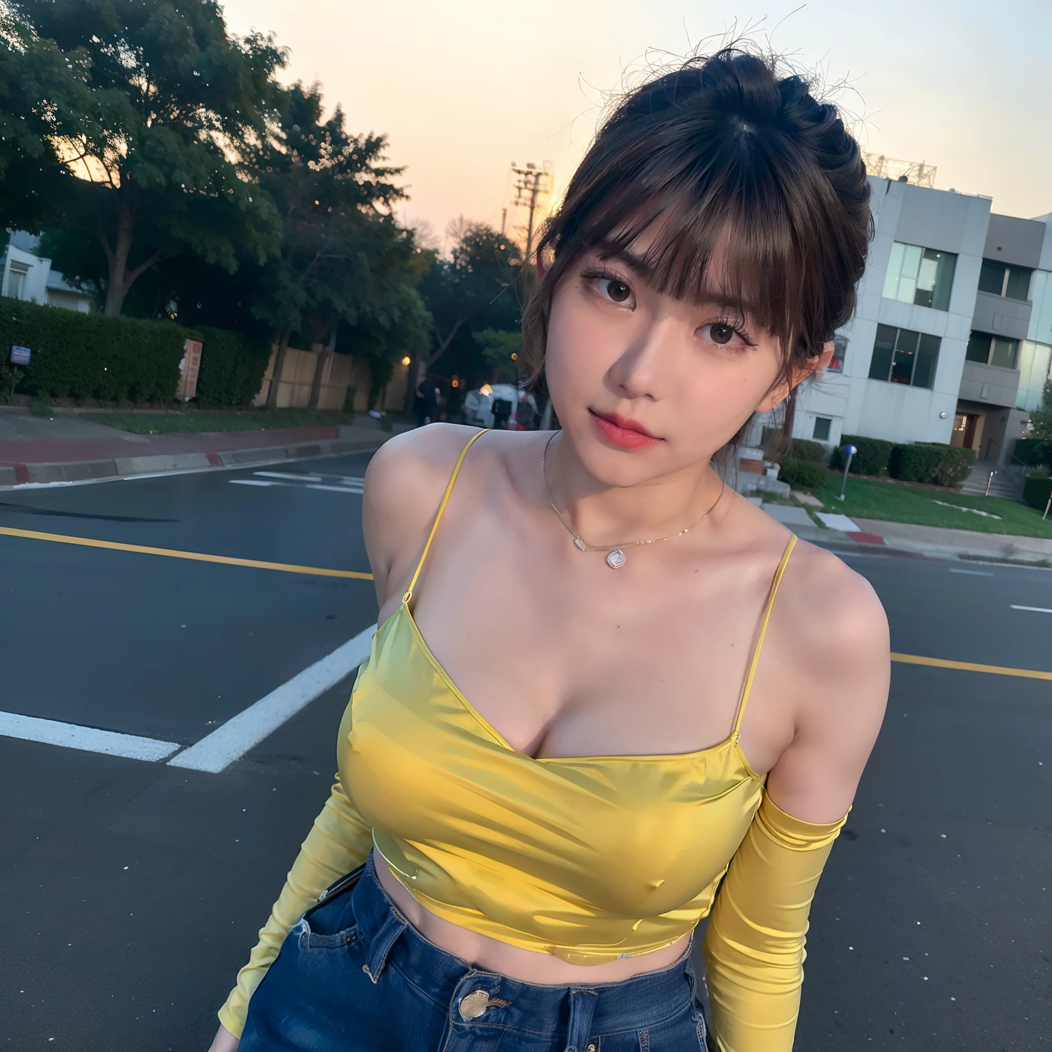 (8K, Raw photo, Best Quality, masutepiece:1.2), (Realistic, Photorealsitic:1.37), Best Quality, 超A high resolution, NFSW Backlit, light  leaks, Dynamic lighting, slim, Plump skin,  (pureerosface_v1:1), bond, Navel, Kpop Idol, (Beautiful detailed eyes:1),(beautifull detailed face:1),(Freebuff:1.2), Outdoors, ulzzang-6500, 1girl in, Upper body, (:1.2), ,  from the front side, Front view,  Looking at Viewer, Huge breasts, arms behind back, Street, Moonlight,