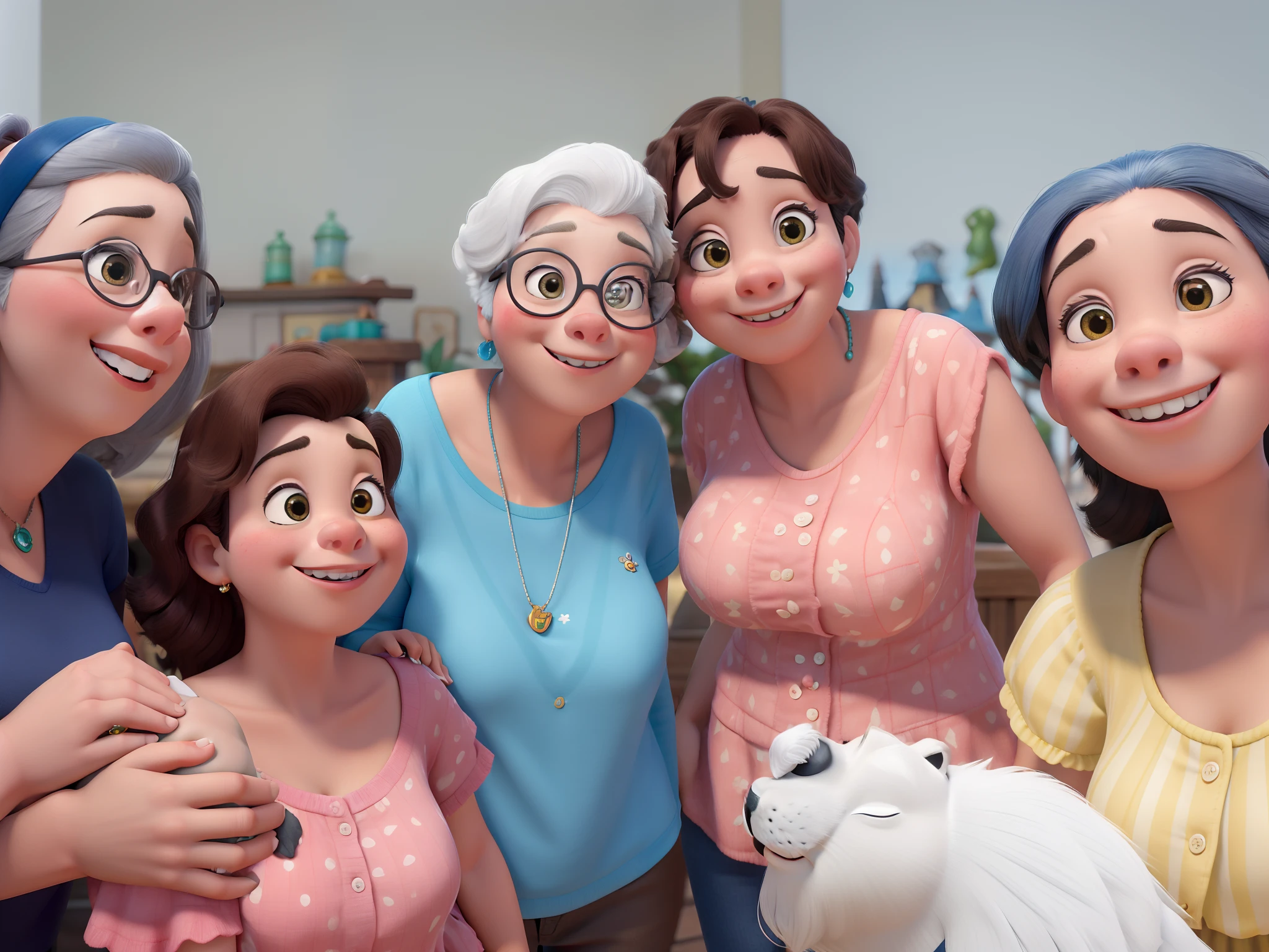 Obra-prima ao estilo Disney/Pixar in high quality and high resolution. Quatro mulheres de meia idade uma delas com um cachorro schnauzer branco no colo e  uma menina juntas