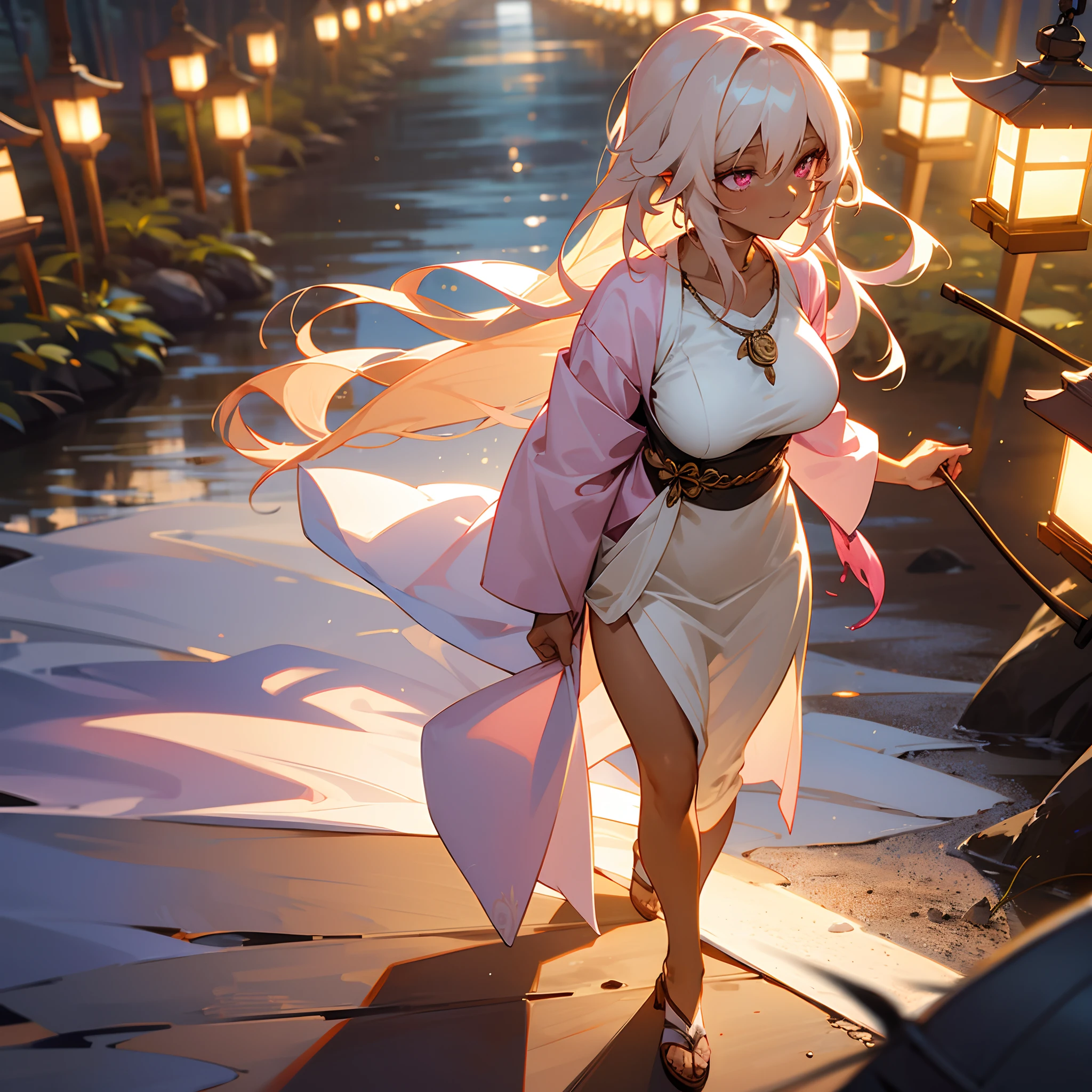1female, adult, dark skin, big breast, pale blonde long hair, finely detailed pink eyes, loose yukata clothing, necklace, best lighting and shadows, night fishing village, walking down a path, light, lantern, light smile