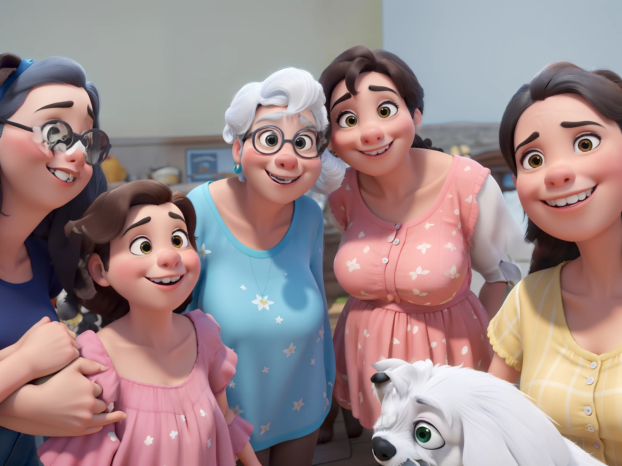 Obra-prima ao estilo Disney/Pixar in high quality and high resolution. Quatro mulheres de meia idade uma delas com um cachorro schnauzer branco no colo e uma menina juntas