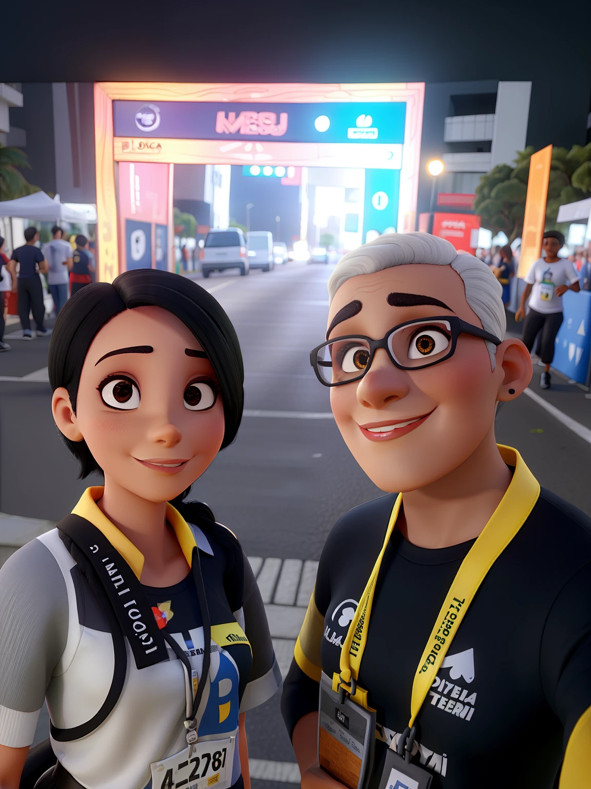 Um casal uma mulher branca loira de cabelos curto e liso com blusa preta e um homem negro careca com blusa preta correndo uma maratona na cidade do sesc