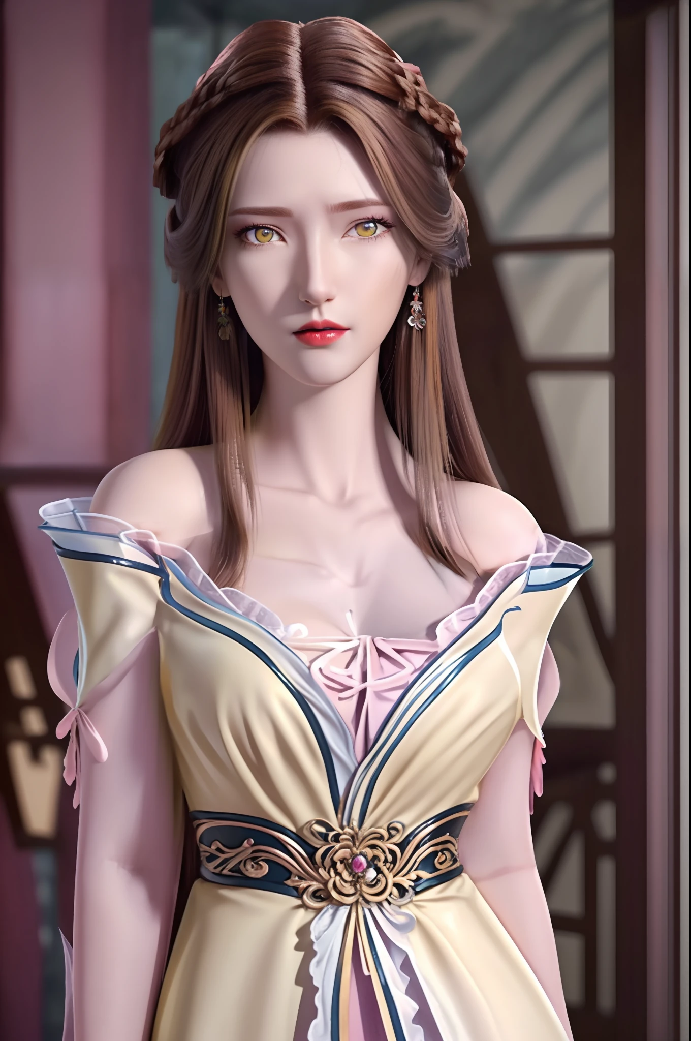 (hyperrealistic girl), (illustration), (high resolution), (8K), (extremely detailed), (best illustration), (beautiful detailed eyes), (best quality), (ultra-detailed), (masterpiece), (wallpaper), (photorealistic), (natural light), (rim lighting), (detailed face), (high detailed realistic skin texture), (anatomically correct), (solo), (1 girl), (high detailed realistic hair), (caramel hair:1.35), (heterochromic eyes), (detailed eyes), (light yellow eyes:1.37), (sparkling eyes), (realistic big breasts:1.5), (exposed breasts:1.35), (long legs), (slender abs), (dynamic pose), (closed tiny mouth:1.3), (nsfw), (concentrated expression), (topless), (natural pink lipstick:1.3)