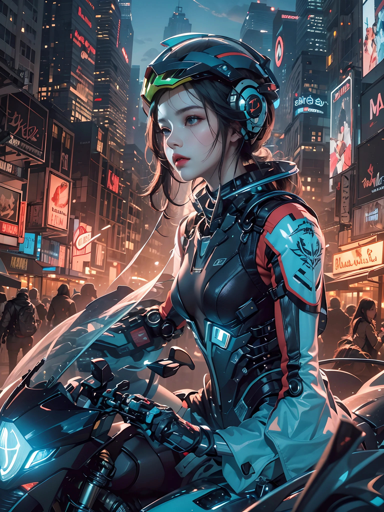 Highest image quality, Outstanding details, Ultra-high resolution, (Realism: 1.5), The best illustration, favor details, highly condensed 1girl, with a delicate and beautiful face, Dressed in black and blue mechs, wearing a mech helmet, holding a directional controller, Riding on a motorcycle, the background is a high-tech lighting scene of the city of the future.
