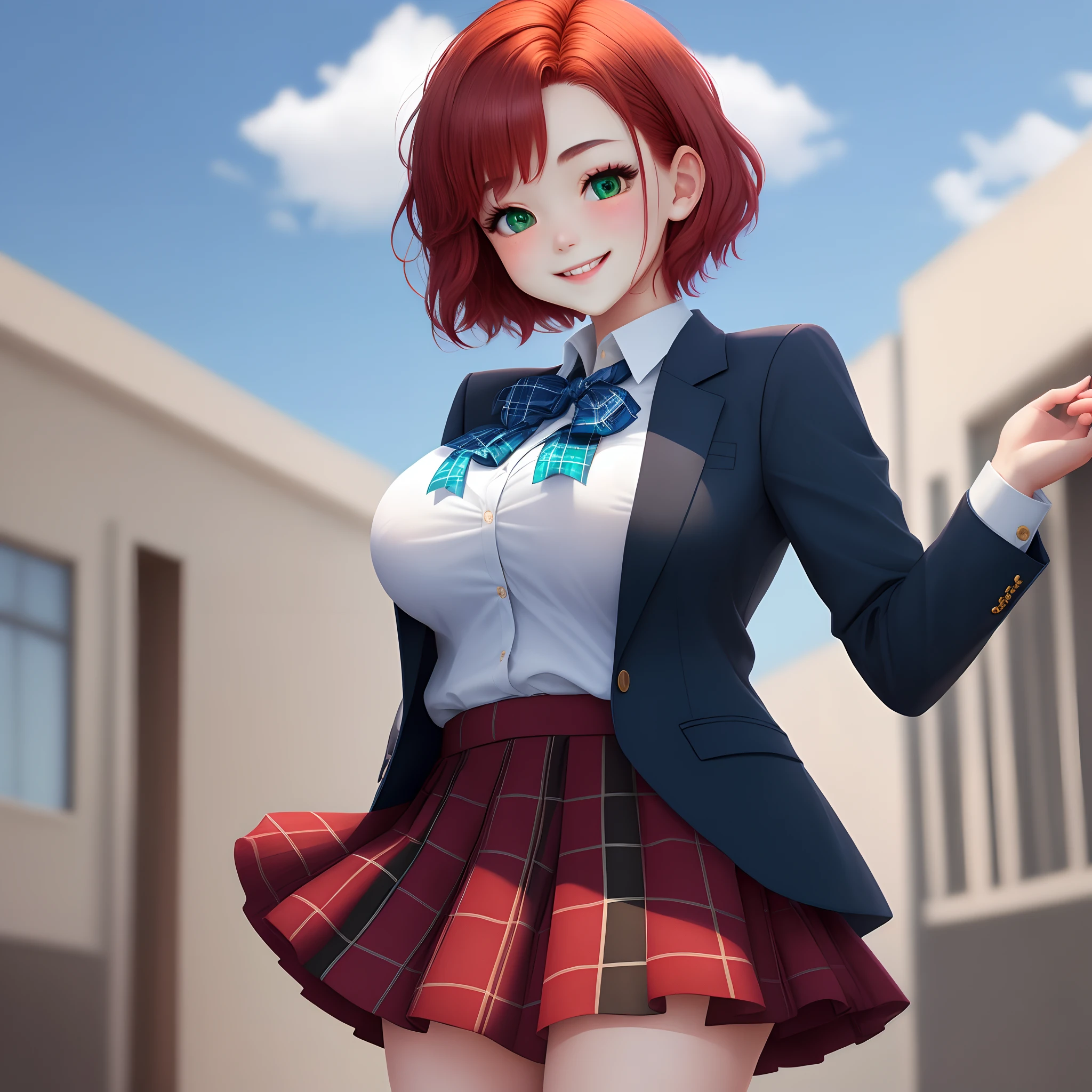 red short hair,Green eyes,Black Blazer School Uniform,Light blue ribbon at chest,Red plaid skirt,s girl,Smile faintly,big breasts,Blue sky background,