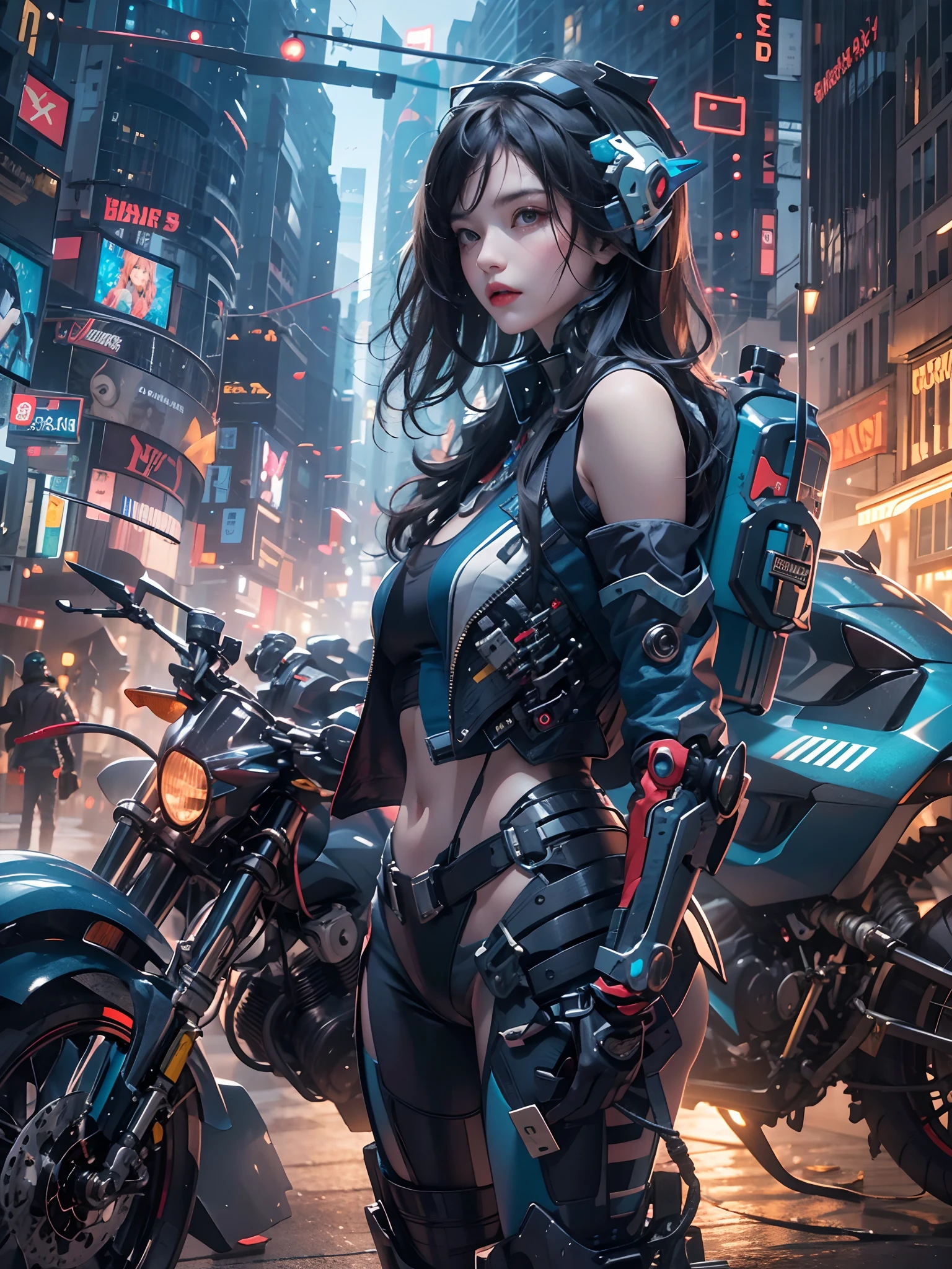 Highest image quality, Outstanding details, Ultra-high resolution, (Realism: 1.5), The best illustration, favor details, highly condensed 1girl, with a delicate and beautiful face, Dressed in black and blue mechs, wearing a mech helmet, holding a directional controller, Riding on a motorcycle, the background is a high-tech lighting scene of the city of the future.