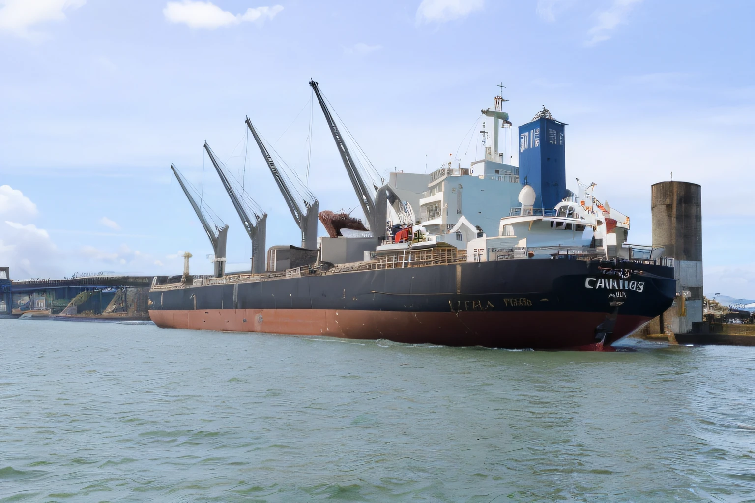 Navio cargueiro e guindastes para carregamento, cais do porto