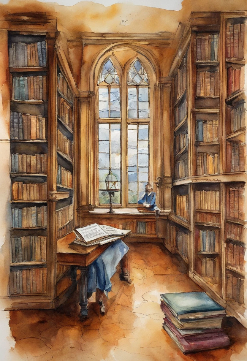 (Melhor qualidade, 8k) rosto e olhos finos, palpebra dupla. Pay attention and adjust the proportions. Create an image that depicts the librarian finding the mysterious box with the book 'The Book of Feelings' in the library of Alegrolândia.