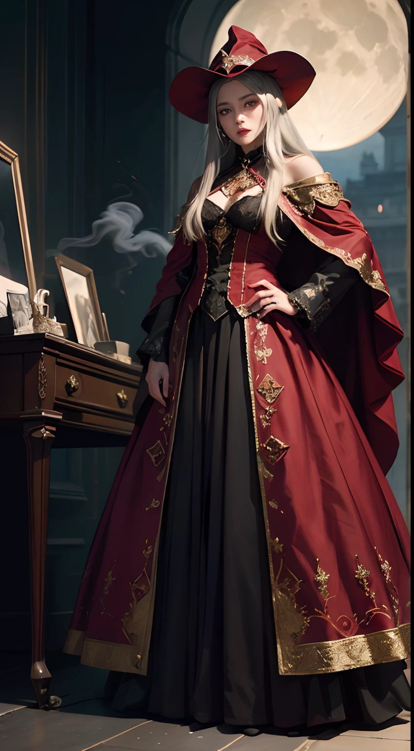 Vista full body photo，（Numerous award-winning masterpieces of，With incredible details、textures and maximum detail）、Vista full body photo，（Hyper-photorealism：1.4）、（fidelity：1.3）、（Full-body image：1.7）、（Full body photo of the vista：1）、（（medieval world））、（best quality real texture skin）、（Five perfectly beautiful fingers：1.8）、（Beautiful vampire senior wizard：1.7）、（Two are thick and long、Sharp vampire teeth protrude from his lips：1.7）、（Wears a wizard's dark red hat：1.6）、（A dark red cloak with elaborate ornamentation：1.6）、（An intricately carved decoration of a crimson cloak，Although it has been damaged and faded：1.5）、（Delicate true circle symmetrical eyes）、（Exquisite details and beautiful face：1.6）、（aesthetic and decadent atmospheric image：1.6）、（Fair but beautiful skin and face：1.6）、（Wear many decadent and delicate dark red jewelry：1.8）、（A high-level vampire wizard who unleashes magic from your fingertips：1.3）、（Powerful glowing magic array：1.3）、（Bioluminescent bright red eyes：1.7）、（Fallen beauty：1.6）、（A pair of glowing red eyes with intense red everywhere from the inside：1.7）、（Elegant and luxurious accessories：1.8）、（Skin exposure is less：1.5）、（Intense moonlight coming in from the outside：1.7）、（（Dramatic photos））、（（Movie light））、（Full-length portrait in the distance：1.7）、（Ao olhar para cima）、（looking-down）、（Dramatic pose）、（Smoke effects and mesmerizing light：1.4）、beautiful white hair，Beautiful silver hair，beautiful blonde hair，Wind effect，（Drifting purple smoke：1.3），The ruins of an old castle，The Royal Catacombs，（Witch messy room：1.6），（（nigth，Full moon night，Crescent night）），epic realistic，faded，（（com cores neutras）），art on，（HDR：1.5），（pastelcolor：1.2），hyper-detailing，（art  stations：1.5），Cinematic lighting，warmly lit，Efeito de Luz，dramatic lights，（Complicated details：1.1），the complex background，（Greg rutkowski：0.8），（Teal and orange：0.4），Crimson cloak，Wears a wizard's crimson hat，Vista full body photo，Vista full body photo，Vista full body photo