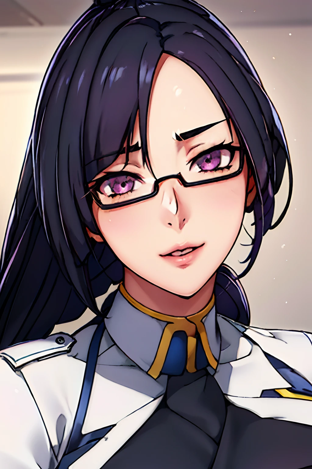 Beautiful, looking at viewer, (showing whole body), (police uniform:1.5), city background, semi-rimless eyewear, black hair, very long hair, ponytail,Bangs,purple eyes, 1 girl, 20yo,Young female,Beautiful Finger,Beautiful long legs,Beautiful body,Beautiful Nose,Beautiful character design, perfect eyes, perfect face,expressive eyes,perfect balance, looking at viewer,(Focus on whole body), (innocent_big_eyes:1.0), official art,extremely detailed CG unity 8k wallpaper, perfect lighting,Colorful, Bright_Front_face_Lighting,shiny skin, (masterpiece:1.0),(best_quality:1.0), ultra high res,4K,ultra-detailed, photography, 8K, HDR, highres, absurdres:1.2, Kodak portra 400, film grain, bokeh:1.2, lens flare, (vibrant_color:1.2),professional photograph, (Beautiful,large_Breasts:1.4), (beautiful_face:1.5)