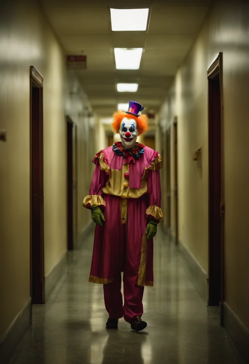 Clown in a hospital hallway