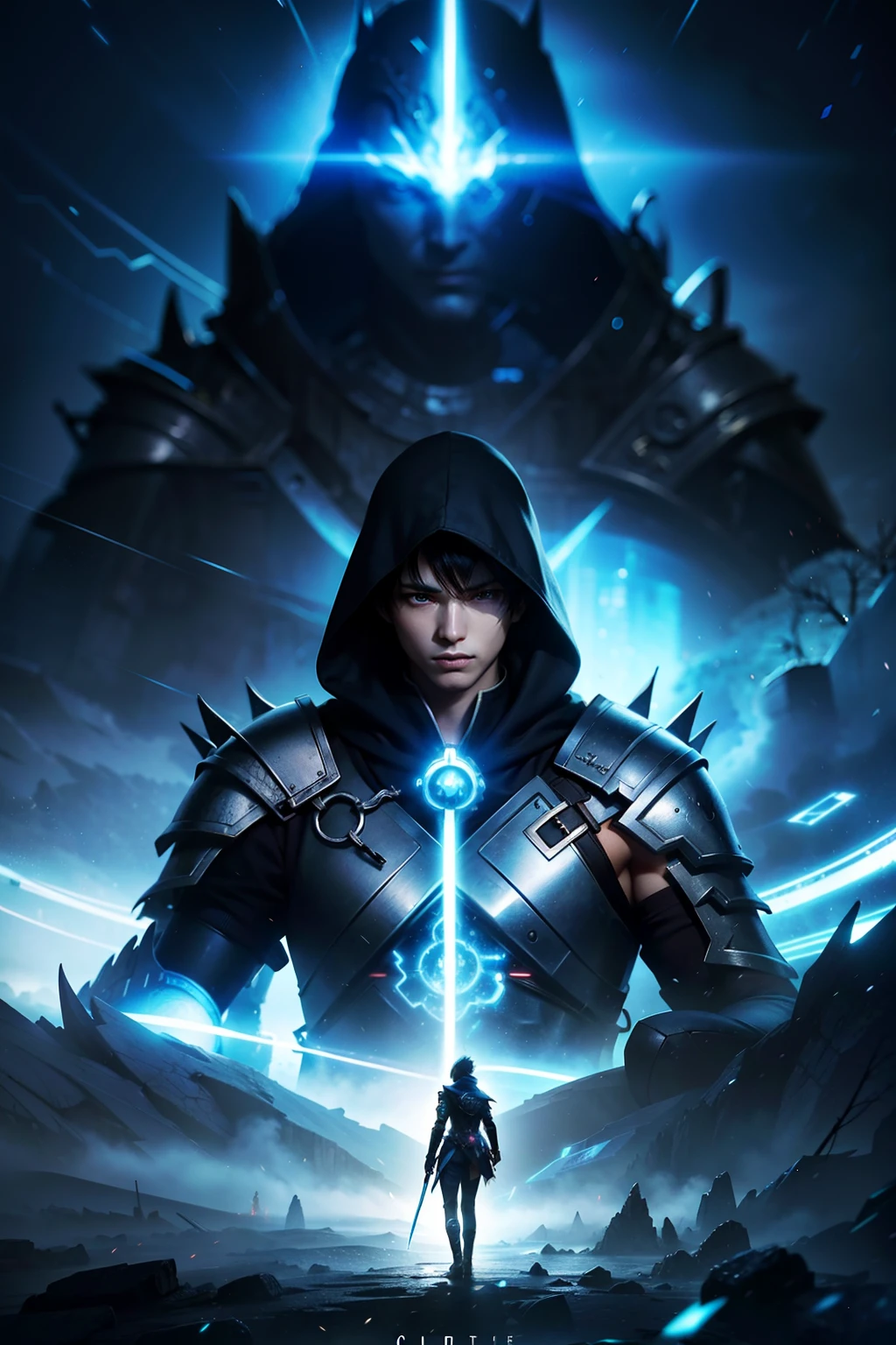2.5D CGI anime fantasy portrait artwork of a hooded intricate cybernetic sorcerer warrior character with high quality glistening beautiful colors, rich moody atmosphere, omnipotent, megastructure realistic detailed background, portrait in the style of Makoto Shinkai and Greg Rutkowski