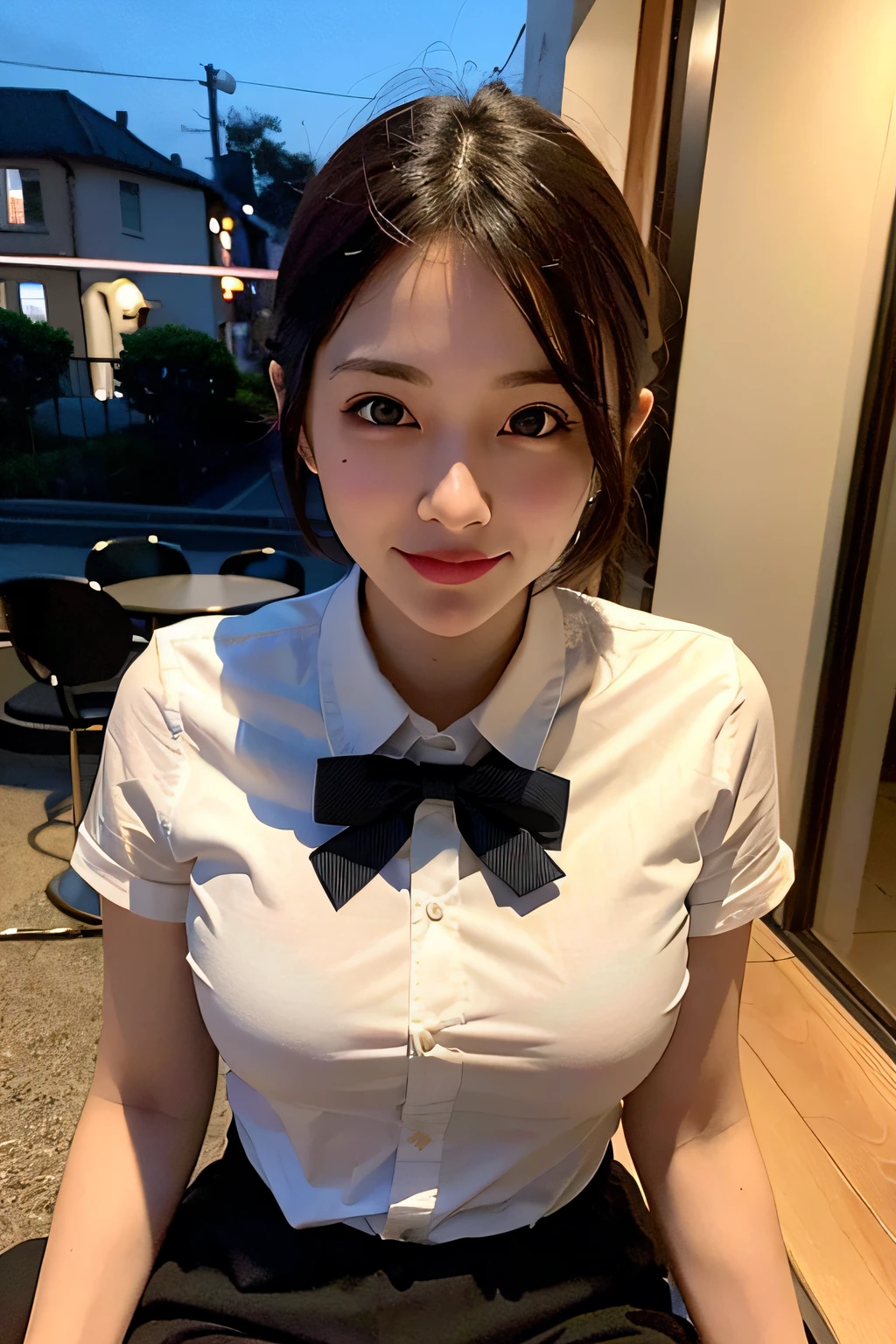 (8k, RAW photo, best quality, masterpiece:1.2), (realistic, photo-realistic:1.37), ultra-detailed, 1 girl,cute, solo,beautiful detailed sky,detailed cafe,night,sitting,dating,(nose blush),(smile:1.1),(closed mouth), medium breasts,beautiful detailed eyes,(collared shirt:1.1), bowtie,pleated skirt,(short hair:1.2),floating hair