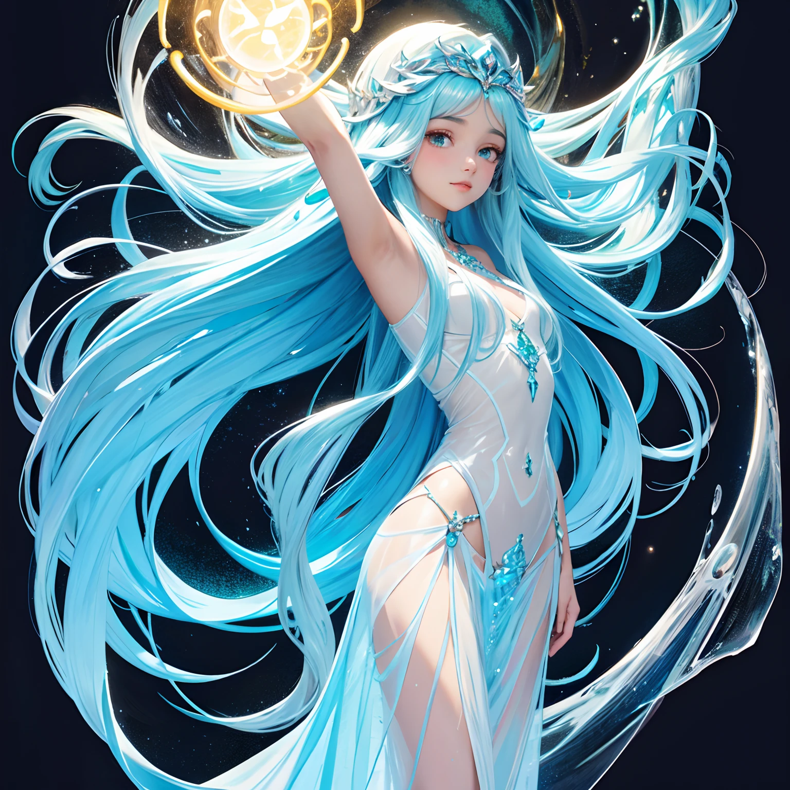 desenho de uma mulher jovem bonito, long flowing hair, corpo brilhante bioluminescente transparente, em um fundo escuro profundo, Glassmorphisom,   32k por AiLove, Misterioso