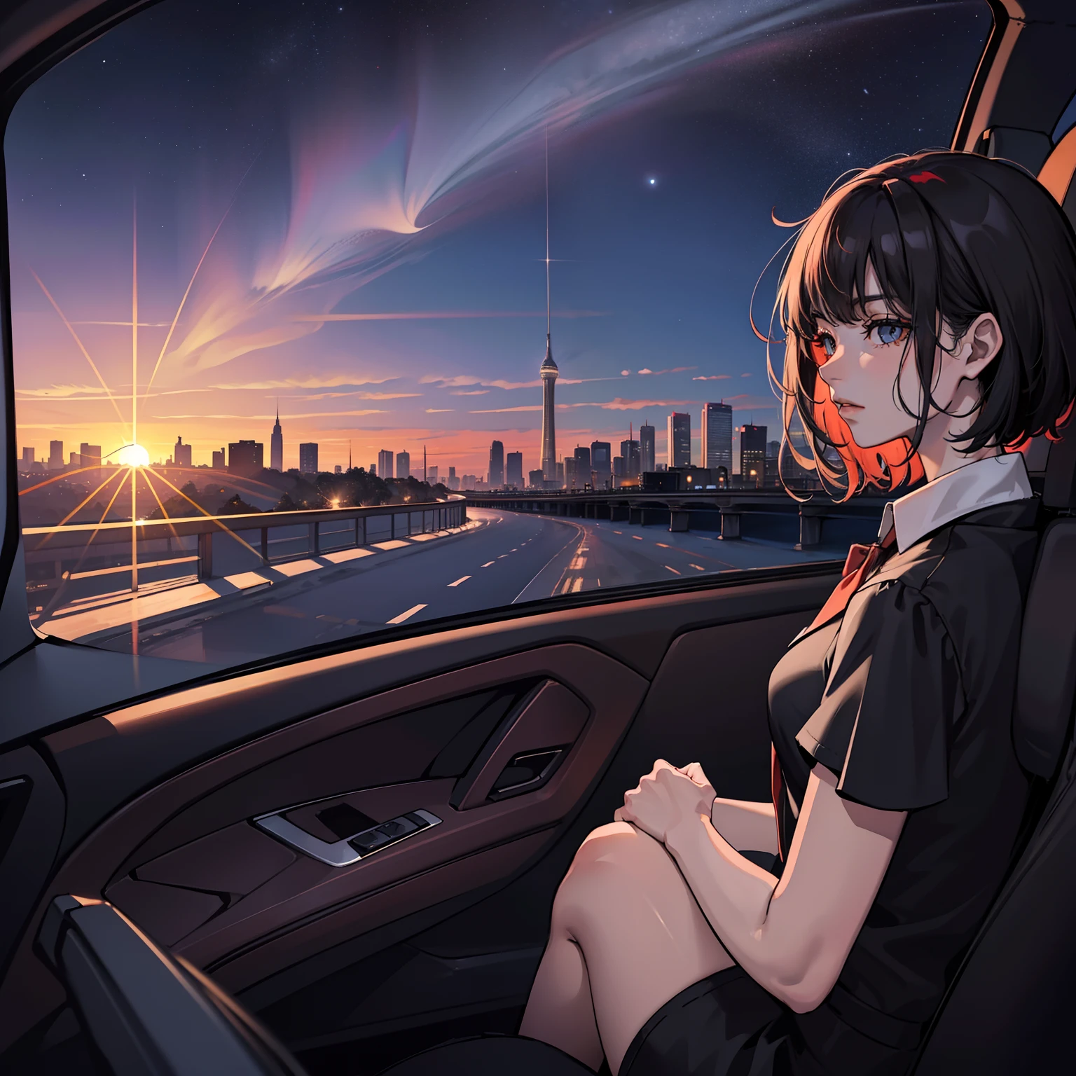 ,(Beautiful skyline,magnificent sky),(Intense and dramatic imagery,stunning visuals),(the hanging North Star,the colorful natural light),There was a hot woman dressed in black(red short hair),Sit in the car,Head to the window