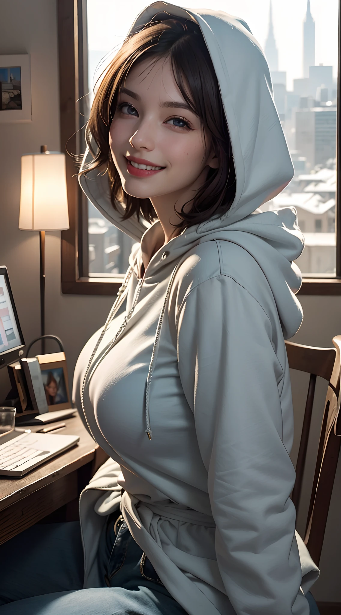 (best quality, 4k, 8k, high-res, masterpiece:1.2), ultra-detailed, (realistic, photorealistic, photo-realistic:1.37), (beautiful detailed eyes, beautiful detailed lips, extremely detailed eyes and face:1.2), studio lighting, physically-based rendering, vivid colors, (big tits, super big tits, super extra big tits), (waist), (hood:1.5), (portrait, bob cut, smile and laugh),