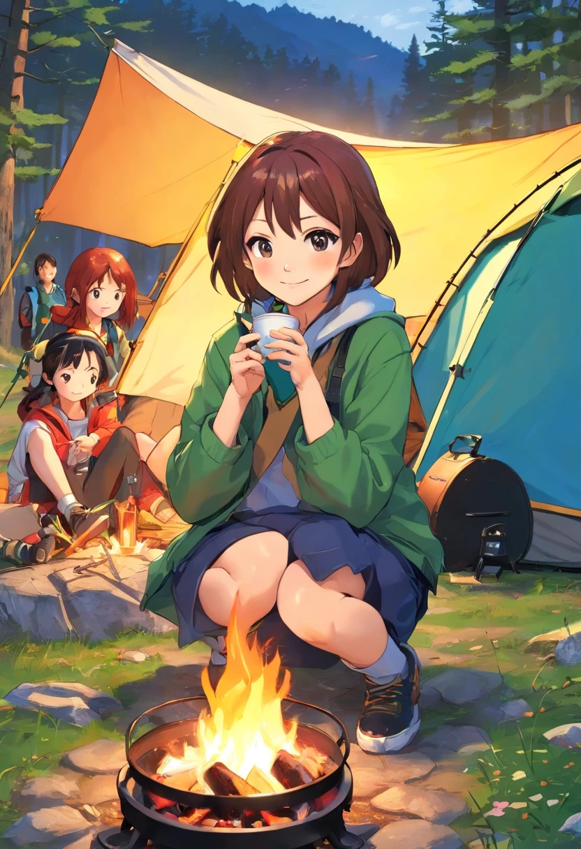 (Manga Magazine - Shonen Jump: 1.5), Lots of characters, camping, In the mountains, Red, yellow, Green Autumn Leaves Location: 1.3, A beautiful woman with symmetrical features and a perfect body: 1.4, Perfect A beautiful woman with a beautiful body: 1.4, Futuristic camper with a rounded design: 1.3, Japanese, Drinking coffee at a simple table, Dog in the background, Outdoors, camper, Multi-person camping, teepee, Amazing bonfire: 1.5, chatting, , Movie-style composition to enjoy camping, Fun I'm here, Smile, Very cute and cute face, Hide hands, The highest image quality, 8K, masutepiece, The highest image quality, Super Resolution, 8K Portrait, Wallpapers by Unity 8K, 8K Portrait, watercolor paiting, masutepiece, Stylish design, trending, State - Cutting Edge,
,Facial features are carefully described，realistic skin textures，Dark style，depth of fields，high beams，Real Light，Streak Trace，OC rendering，Hyper-realistic，top-quality，8K，Works of masters，Superfine，Correct anatomy，sharp focus on eyes，Bokeh，Facial features are carefully described