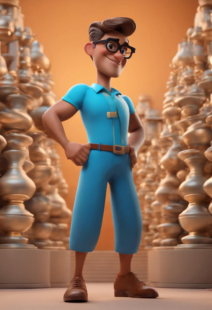 Cartoon character of a man wearing black glasses and a blue shirt, um personagem animado, Caractere estilizado, animation style rendering, 3D estilizado, Arnold Maya render, 3 d render stylized, toon render keyshot, Personagem 3D, Personagem 3D, 3d rendering stylized, 3 d character render, personagem de desenho animado, Personagem de close up, Pose de personagem, (Estilo Pixar) (master part:1.2) (Bokeh) (best quality) (pele detalhada) (textura detalhada) (8k) (argila) (Cinematic lighting) (foco nítido,Senta e vaza a parte superior do corpo