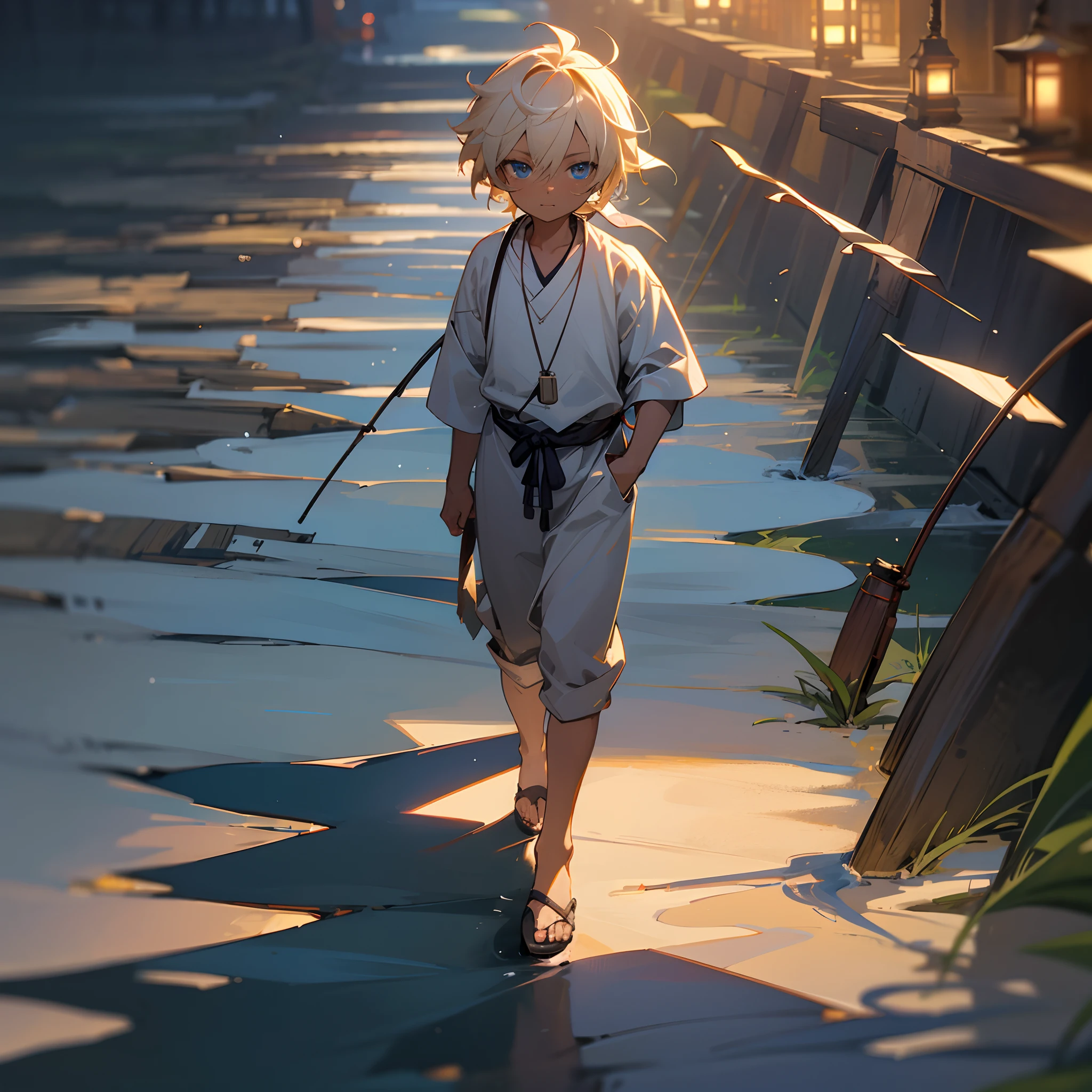 1male, young child, dark skin, messy short pale blonde hair, finely detailed blue eyes, loose ronin clothing, necklace, best lighting and shadows, night fishing village, walking down a path, light, lantern, light smile