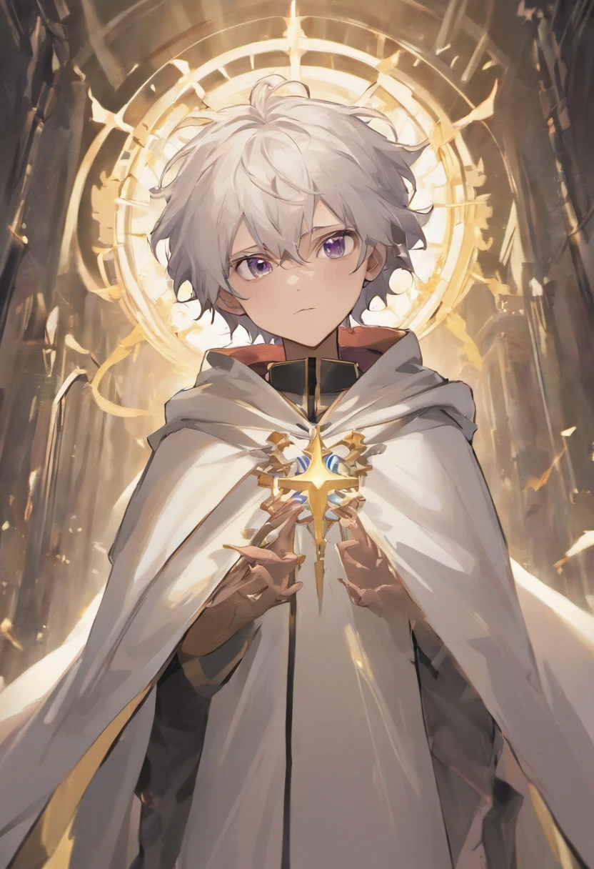 A young human male, 5’11 feet tall, wears a white cloak and hood, as white short curly hair and silver eyes, and as an blank look on his face and emotionless look in his eyes, as his hands in his white cloak pockets