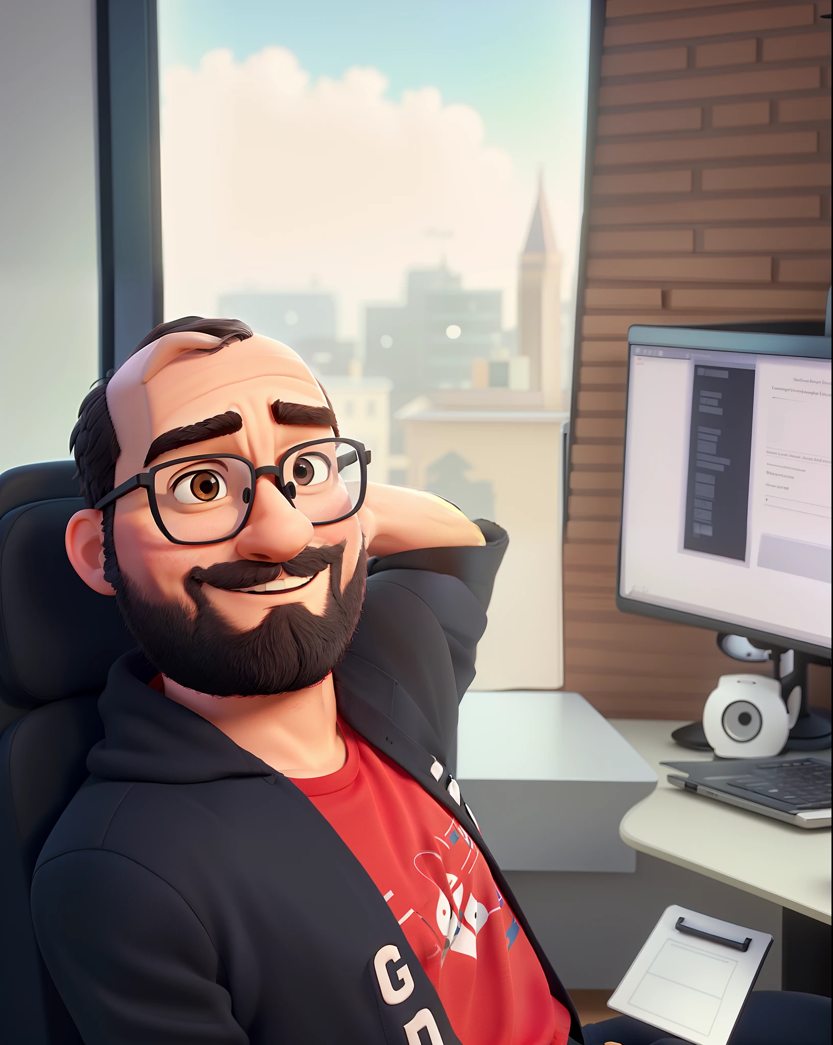 A man with short black hair with black short bear and round glasses sitting at near a window with is laptop at office disney pixar style, high quality, best quality, nice render