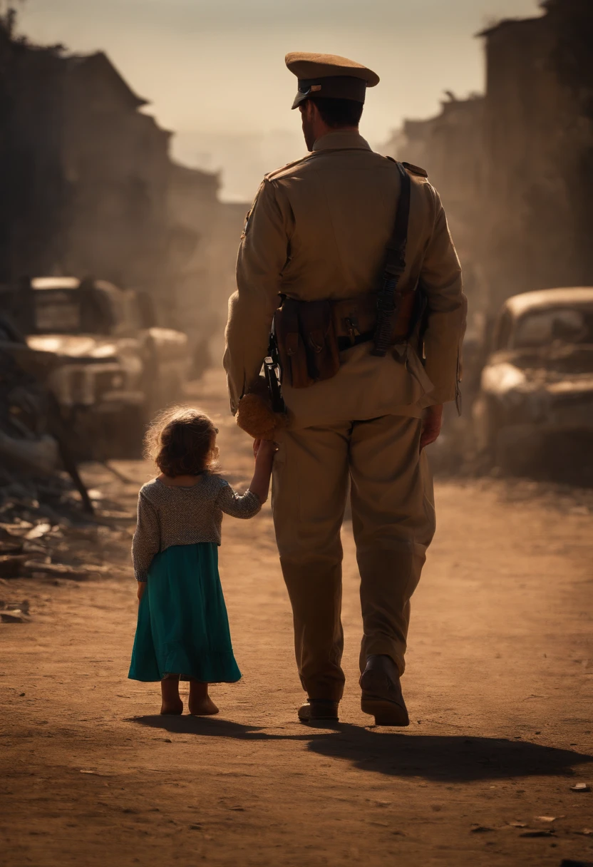 A freedom guy, stand with child girl holding teddy bear , after war