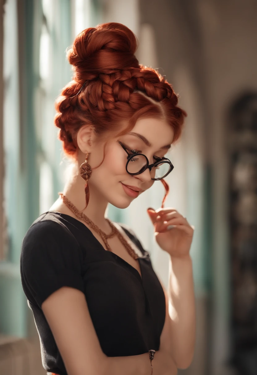 there is a woman with glasses and a black shirt smiling, two braids, Two Hairstyles Braids, Hairstyle Braids, com o mesmo penteado, pelos em rabos de porco, com rabo-de-porco preto, Woman with braided brown hair, imagem frontal, pigtail braids, visual vintage, Cabelo de rabo de porco, red braided hair, pelos curtos de rabo-de-porco, penteado twintails, Pixar Art Braids
