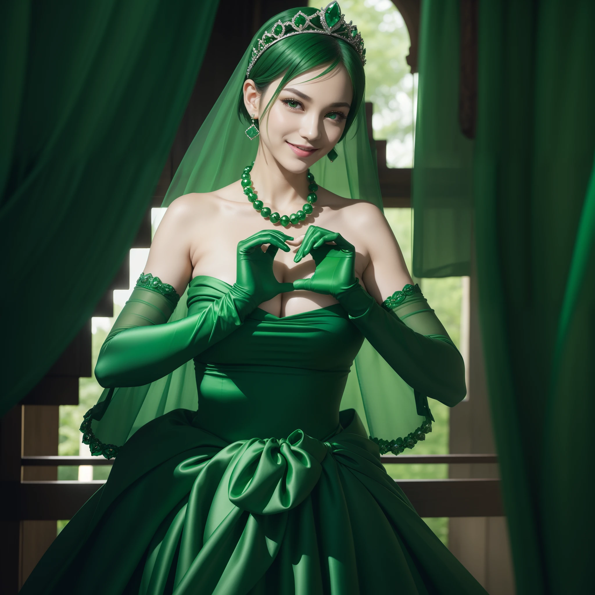 emerald tiara, Green Pearl Necklace, Boyish very short green hair, lipsticks, Japan woman smiling, very short short hair,  big breasts beautiful, Green eyes, Long green gloves made of satin material, Green eyes, Emerald Earrings, green vale, Heart with both hands