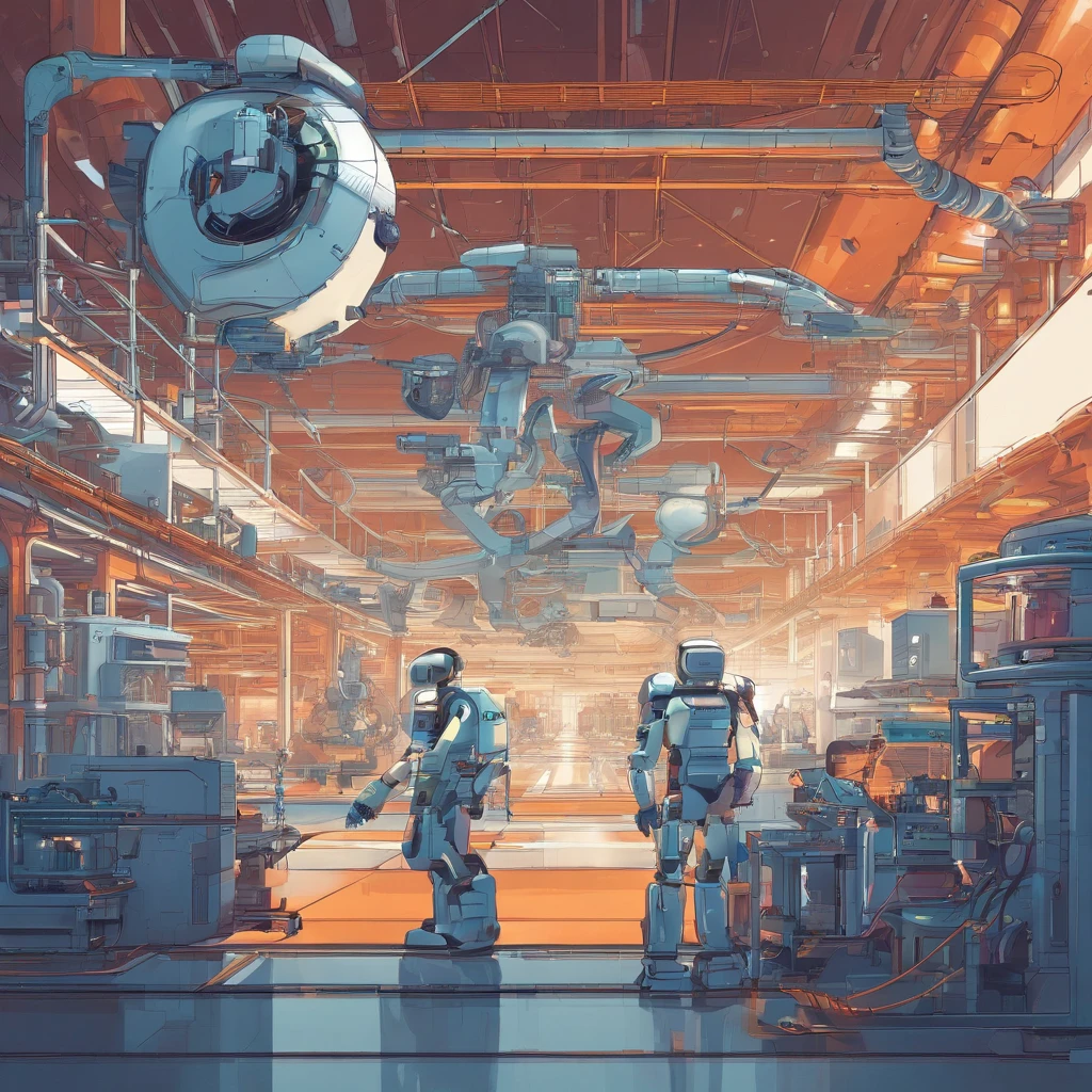People and robots inside an intelligent factory, using an intelligent factory management system for chemical production, the data in the factory are visualized at a high level, reflecting advanced manufacturing technology, the best quality, VR,AR, artistic sense, technological sense