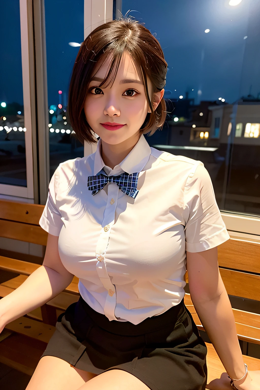 (8k, RAW photo, best quality, masterpiece:1.2), (realistic, photo-realistic:1.37), ultra-detailed, 1 girl,cute, solo,beautiful detailed sky,detailed cafe,night,sitting,dating,(nose blush),(light smile:1.1), medium breasts,beautiful detailed eyes,(collared shirt:1.1), bowtie,pleated skirt,(short hair:1.2),floating hair