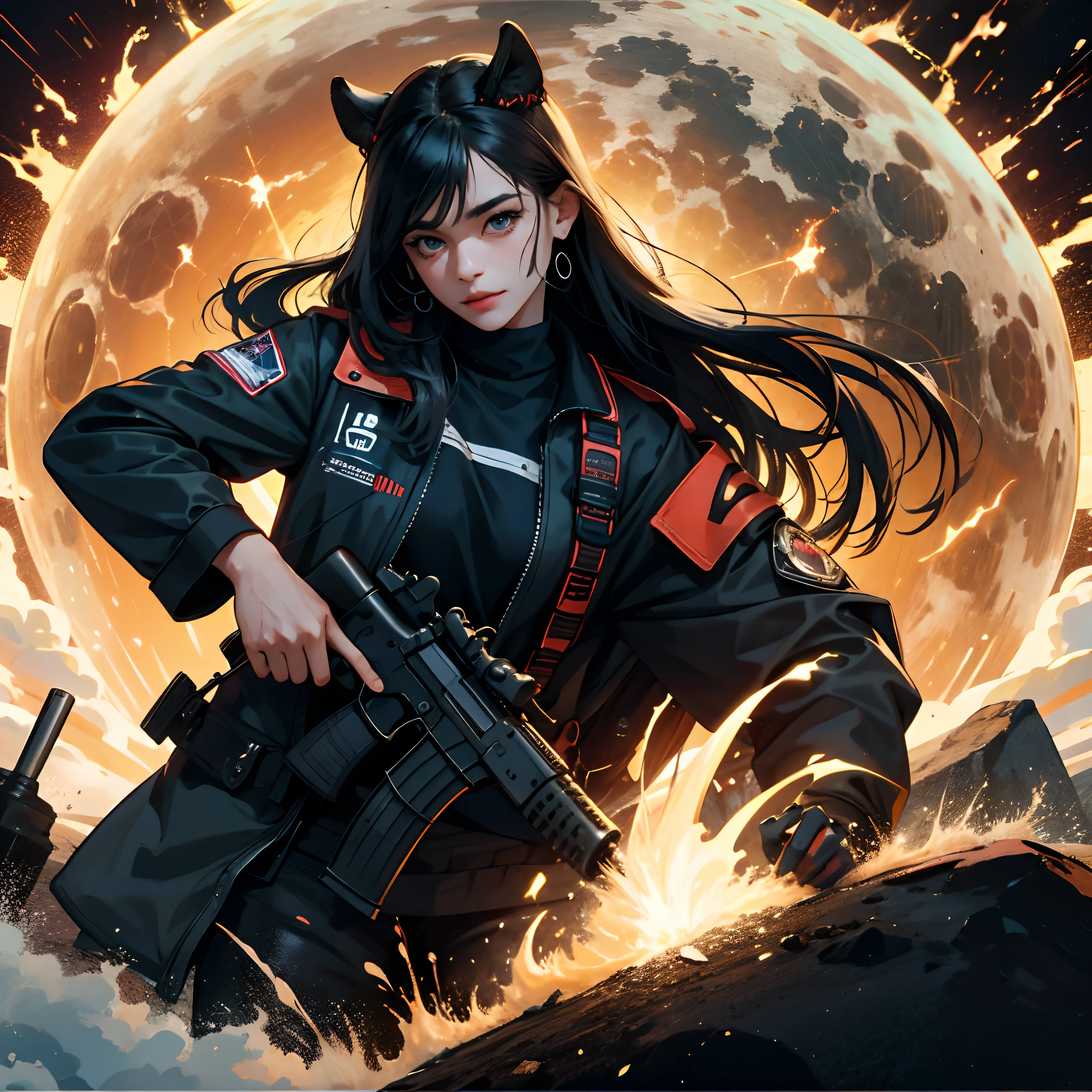 /imagine , master part, best quality, high resolution, 1girl, sozinho, preto_cabelo e fogo , azul_olhos Nein fogo, Pele e rosto detalhados, suit jacket, segurando arma, AK-47, assault rifle pegando fogo , Fuzil Kalashnikov, gatilho_disciplina, Pouco pronto
