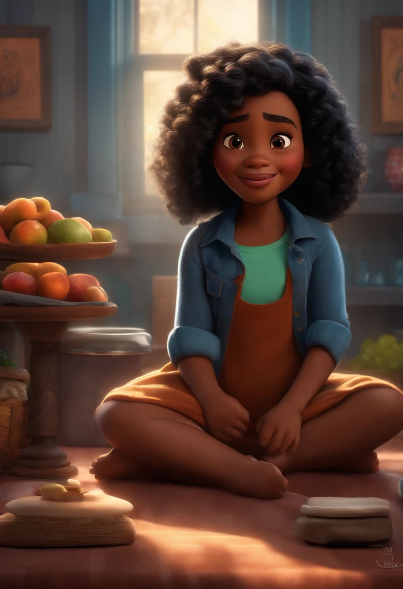 Um filme inspirado na Disney Pixar ( NEGRA JOVEM COM CABELO LONGO CACHEADO PRETO) dentro A cena estar na arte distinta do estilo PIXAR, descolada e estilosa