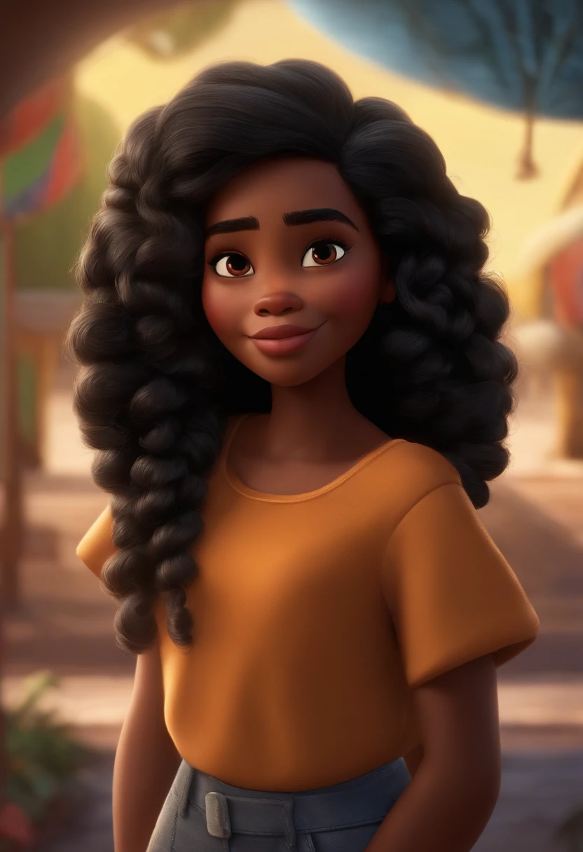 Um filme inspirado na Disney Pixar ( NEGRA JOVEM COM CABELO LONGO CACHEADO PRETO) dentro A cena estar na arte distinta do estilo PIXAR, descolada e estilosa