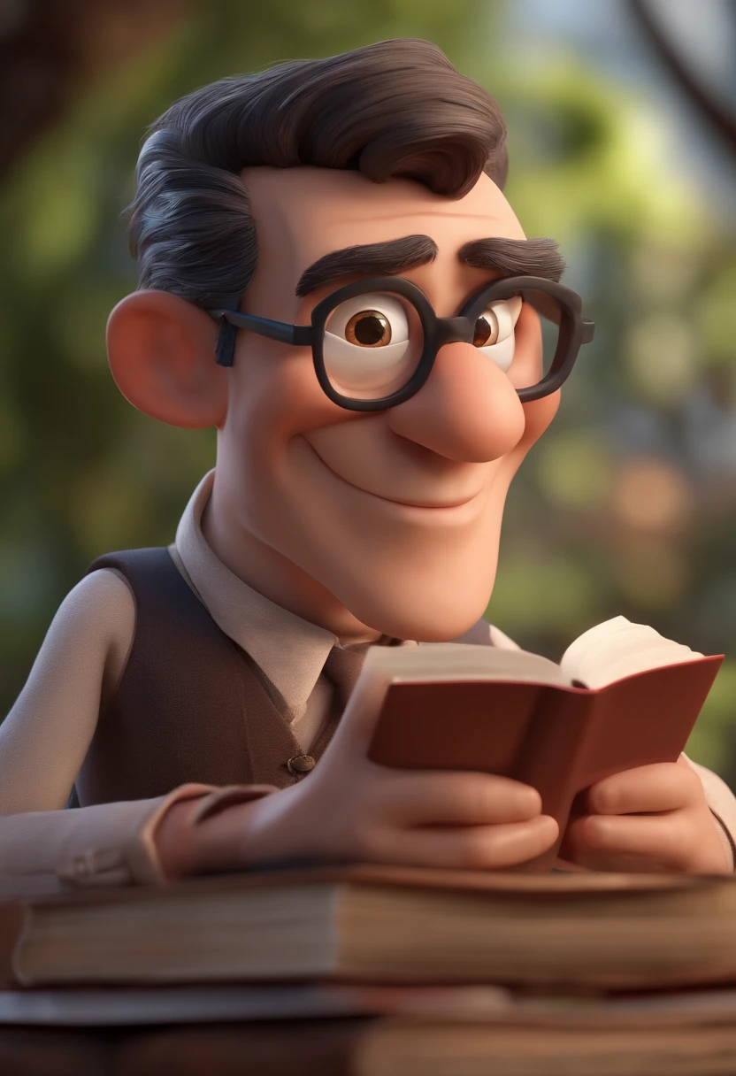Criar uma imagem de um homem de 46 anos professor, sorrindo, usando oculos retangular, sendo musculoso. Na imagem o homem deve estar segurando livros. o estilo da imagem deve ser ser pixar- disney 3 d. Caractere estilizado, animation style rendering, 3D estilizado, Arnold Maya render, 3 d render stylized, toon render keyshot, Personagem 3D, Personagem 3D, 3d rendering stylized, 3 d character render, personagem de desenho animado, Personagem de close up, Pose de personagem,  (Estilo Pixar) (master part:1.2) (Bokeh) (best quality) (pele detalhada) (textura detalhada) (8k) (argila) (Cinematic lighting) (foco nítido