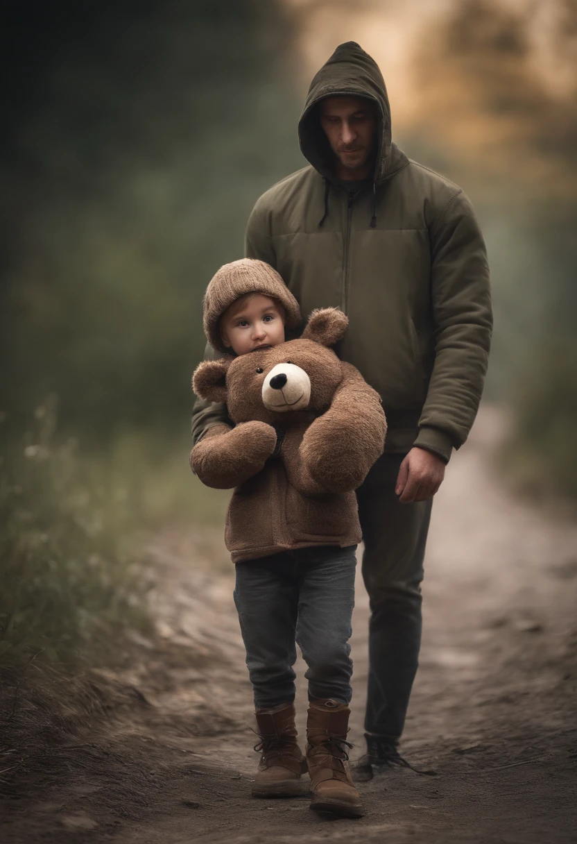 A freedom guy wearing hoodie, stand with child girl holding teddy bear , after war, hyperdetailed, hyprr realism