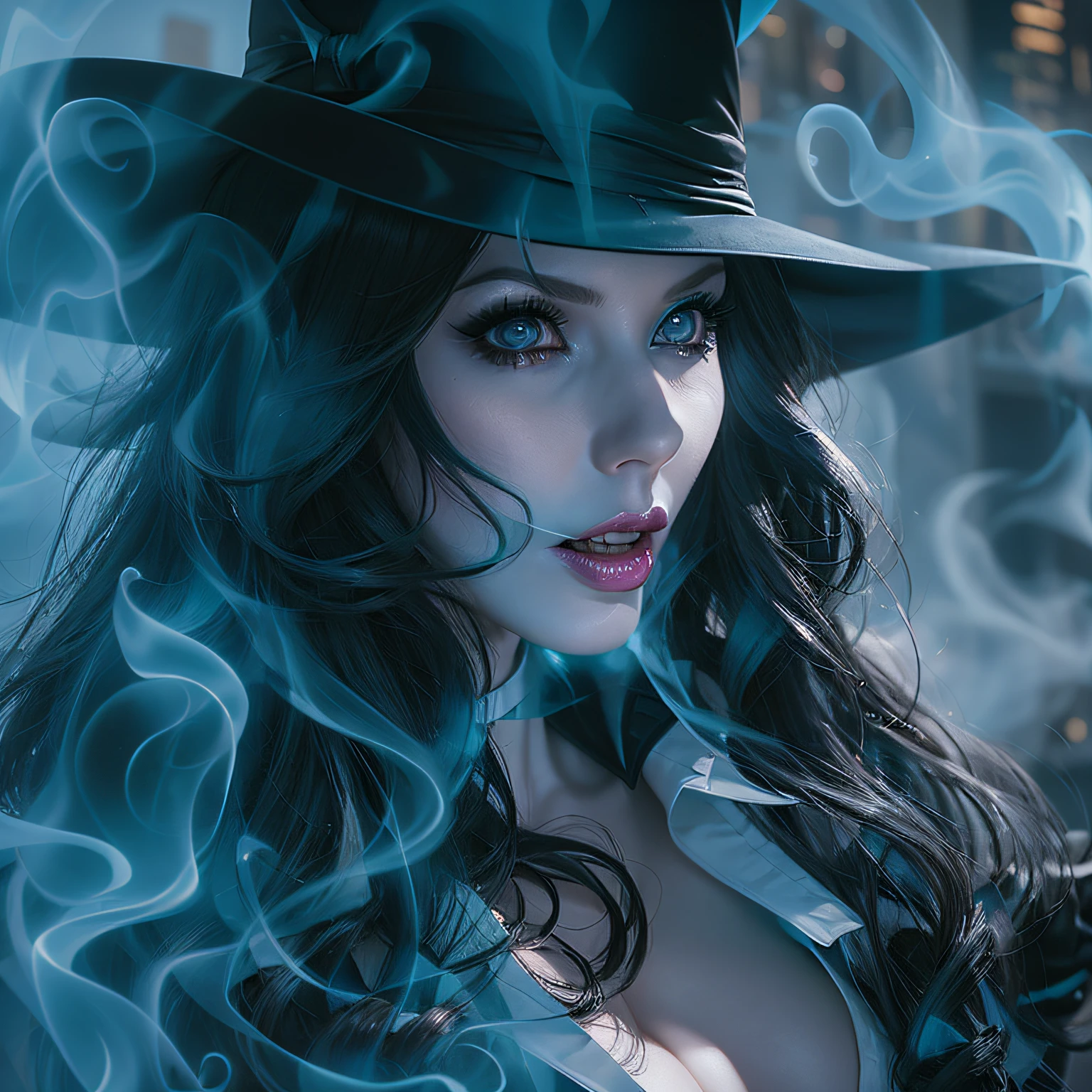 close up, Amouranth as Zatanna из DC Comics, epic villainess, witch, looking at viewer, wanting a kiss, Ghost, Dark, gothic, Ultra Detailed, blue transparent smoke swirls around her, real, high detail, best quality