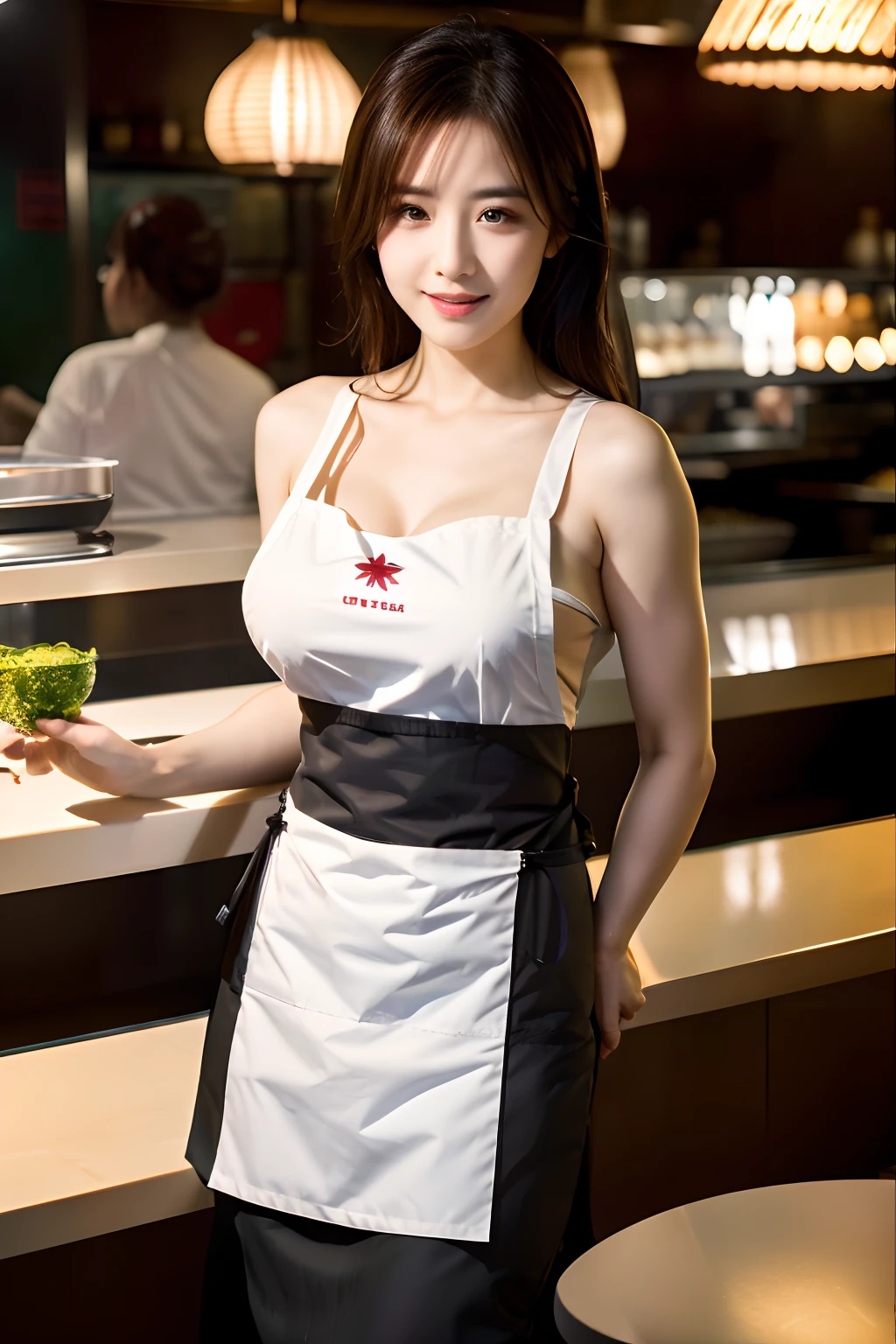 (()), (8k, RAW photo, best quality, masterpiece:1.2), (realistic, photo-realistic:1.37), ultra-detailed, full body, 1girl, solo, detailed restaurant, crowd people, night, full body, ((gigantic breasts, huge breasts)), beautiful detailed eyes, beautiful detailed lips, professional lighting, photon mapping, radiosity, physically-based rendering, extremely detailed eyes and face, beautiful detailed eyes, light on face, cinematic lighting, ((apron:1.4, wardrobe_error)), full-body shot, looking at viewer, indoors, working.
