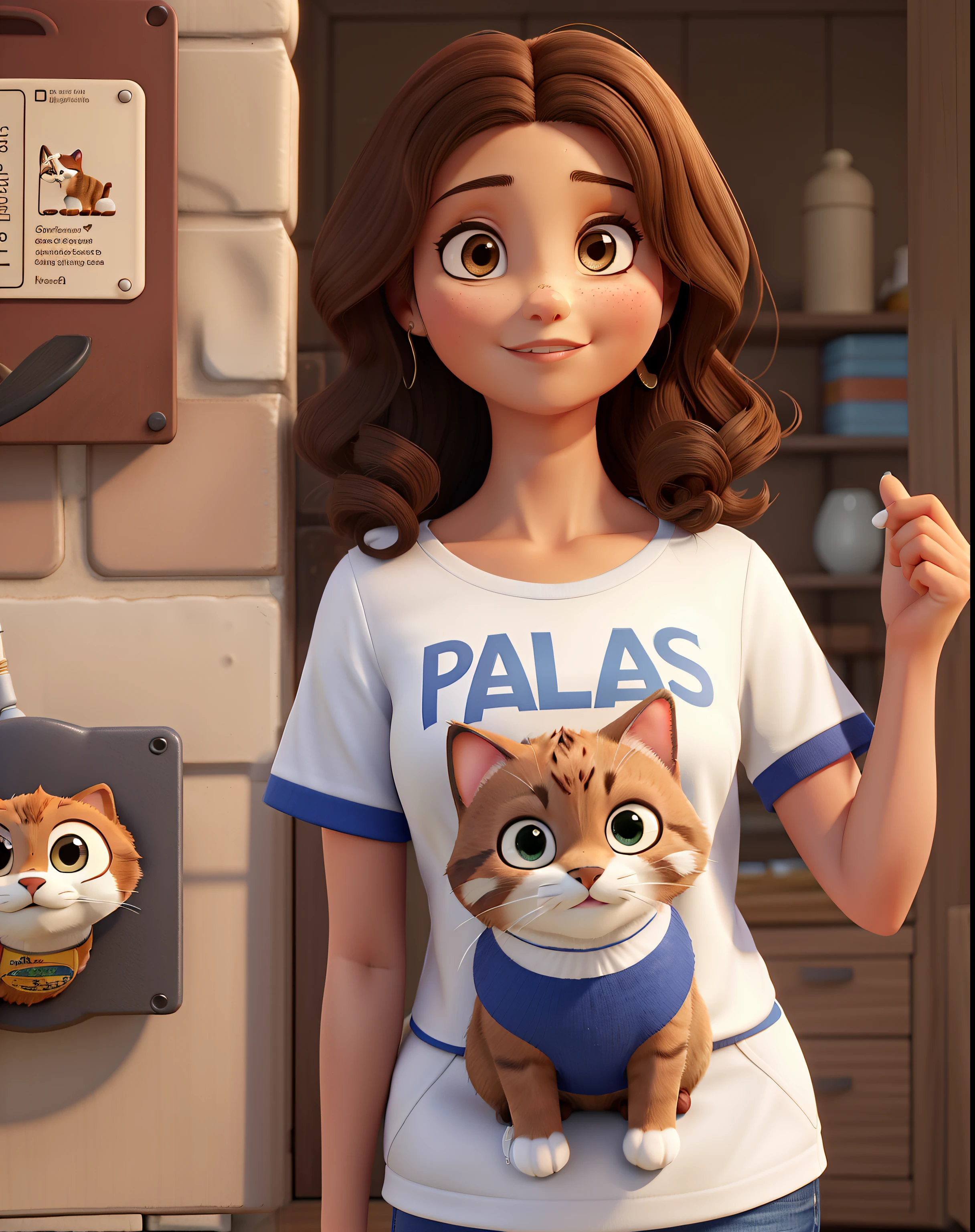 Beautiful woman, 40 anos, com a pele morena clara cabelo curto medio liso, olhos escuros, que ama gatos de, vestindo uma camiseta com um gato desenhado nela