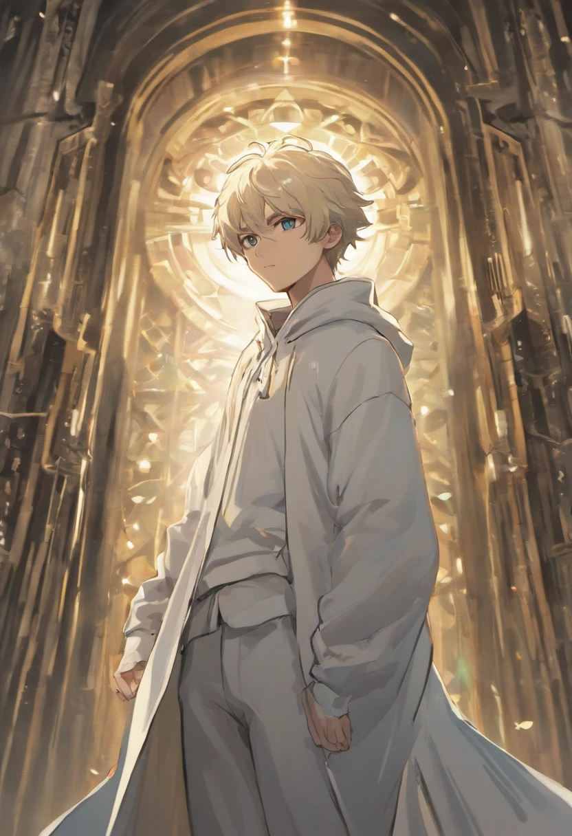 A young human male with a lean and athletic physique, 5’11 feet tall, wears a white cloak and hood, as white short curly hair and silver eyes, and as an blank look on his face and emotionless look in his eyes, as his hands in his white cloak pockets