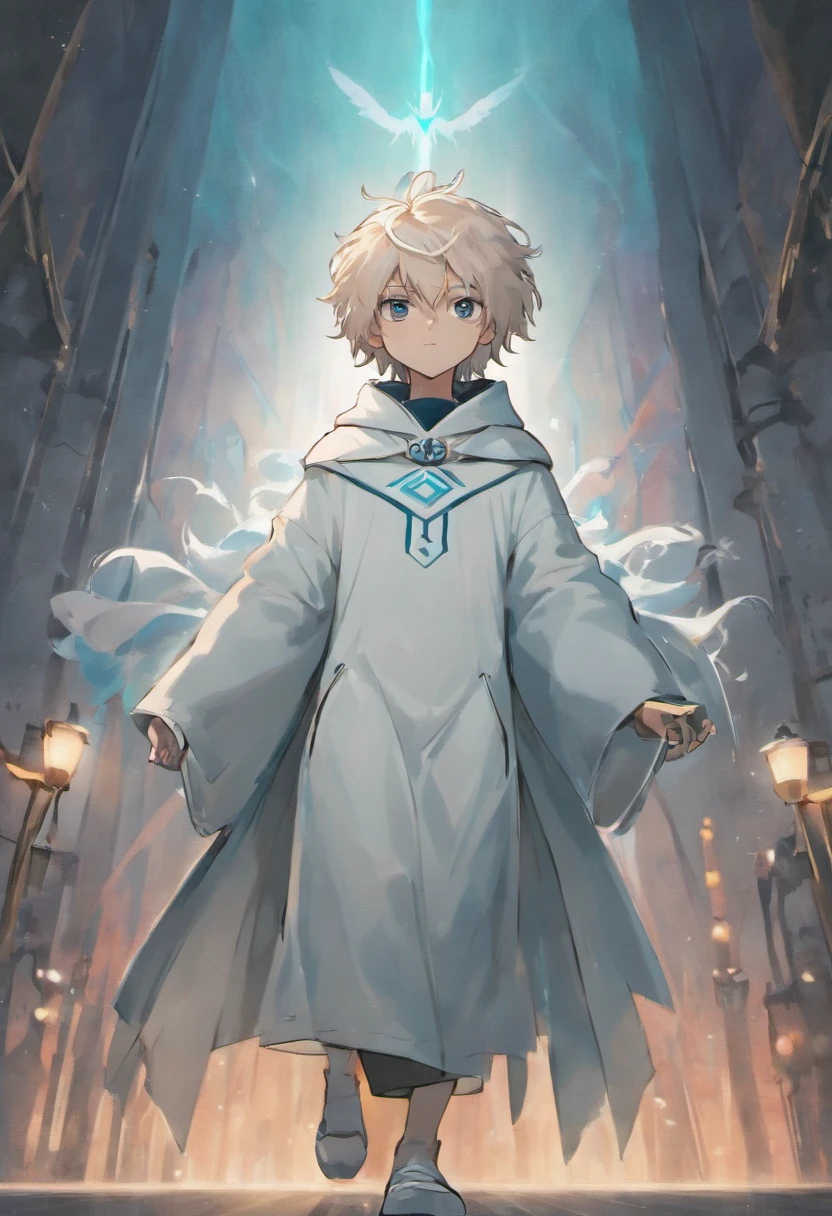 A young human male with a lean and athletic physique, 5’11 feet tall, wears a white cloak and hood, as white short curly hair and silver eyes, and as an blank look on his face and emotionless look in his eyes, as his hands in his white cloak pockets