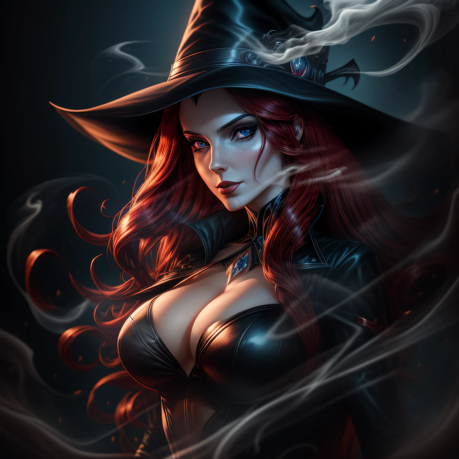 close up, Amouranth as Zatanna из DC Comics, long red hair, epic villainess, witch, goddess, looking at viewer, breathing in smoke, Ghost, Dark, gothic, Ultra Detailed, blue transparent smoke swirls around her, real, high detail, best quality