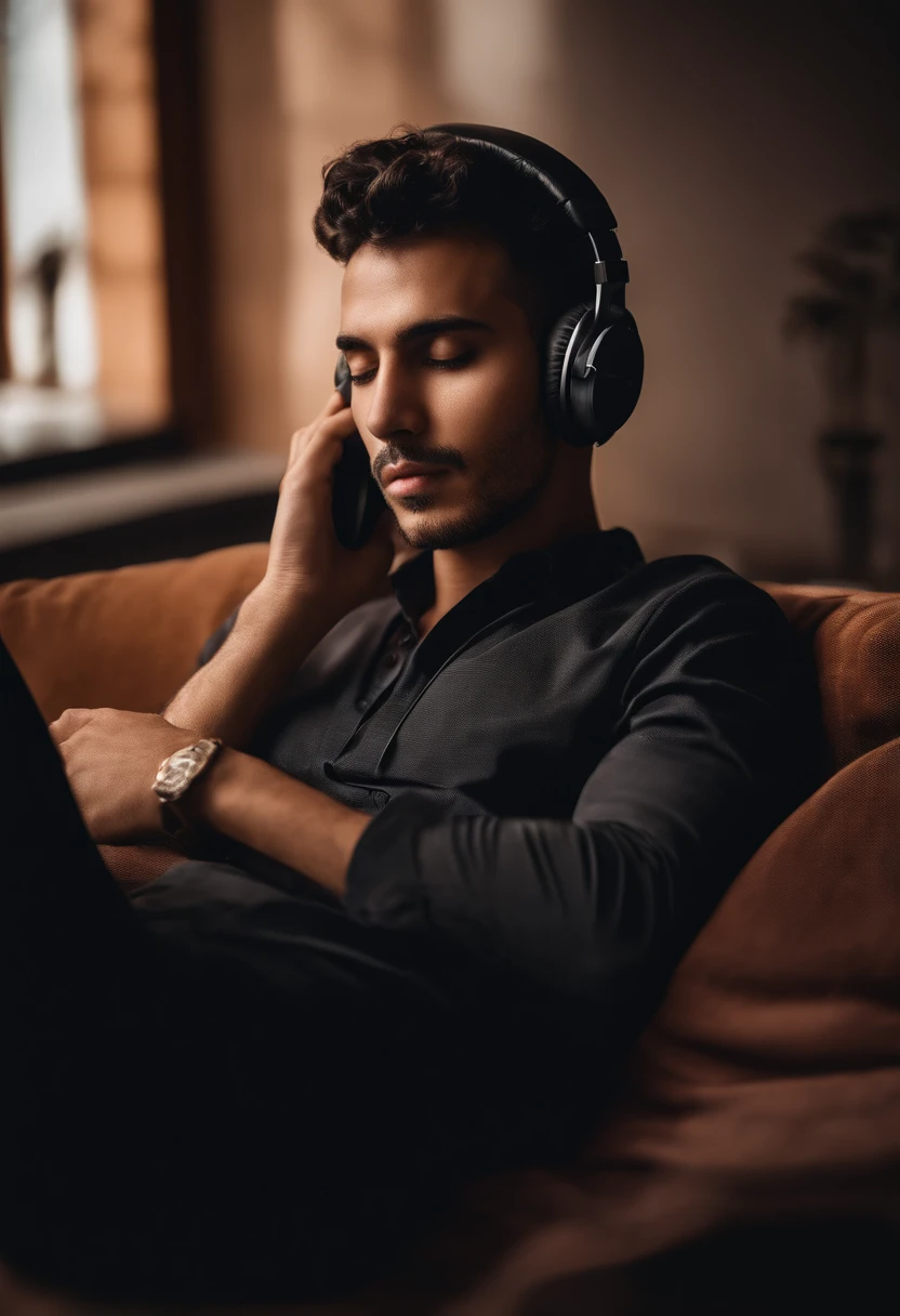 arafed man with earphones on laying on a couch, caio santos, david rios ferreira, alejandro, icaro carvalho, miguel iglesias, carmelo blandino, michael vicente, Henry Alvim Correa, mohamed chahin, inspired by Antônio Parreiras, edu souza, andres rios