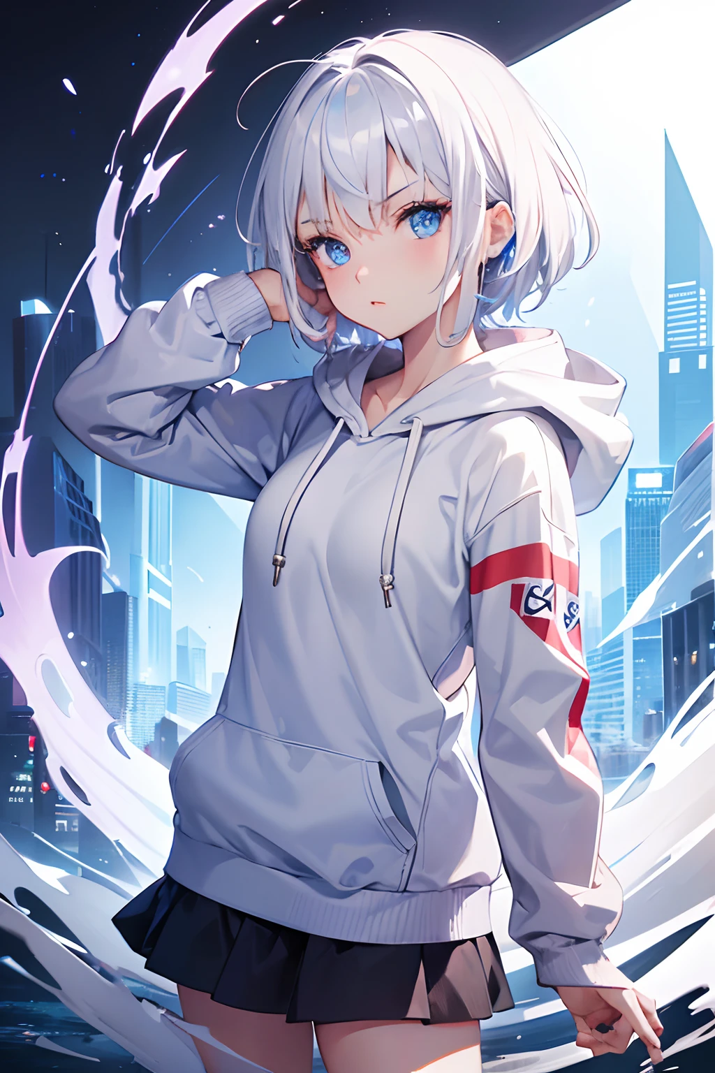 1girl, hoodie, blue eyes, white hair, ultrasharp, short hair, 8k, looking at viewer, mean stare