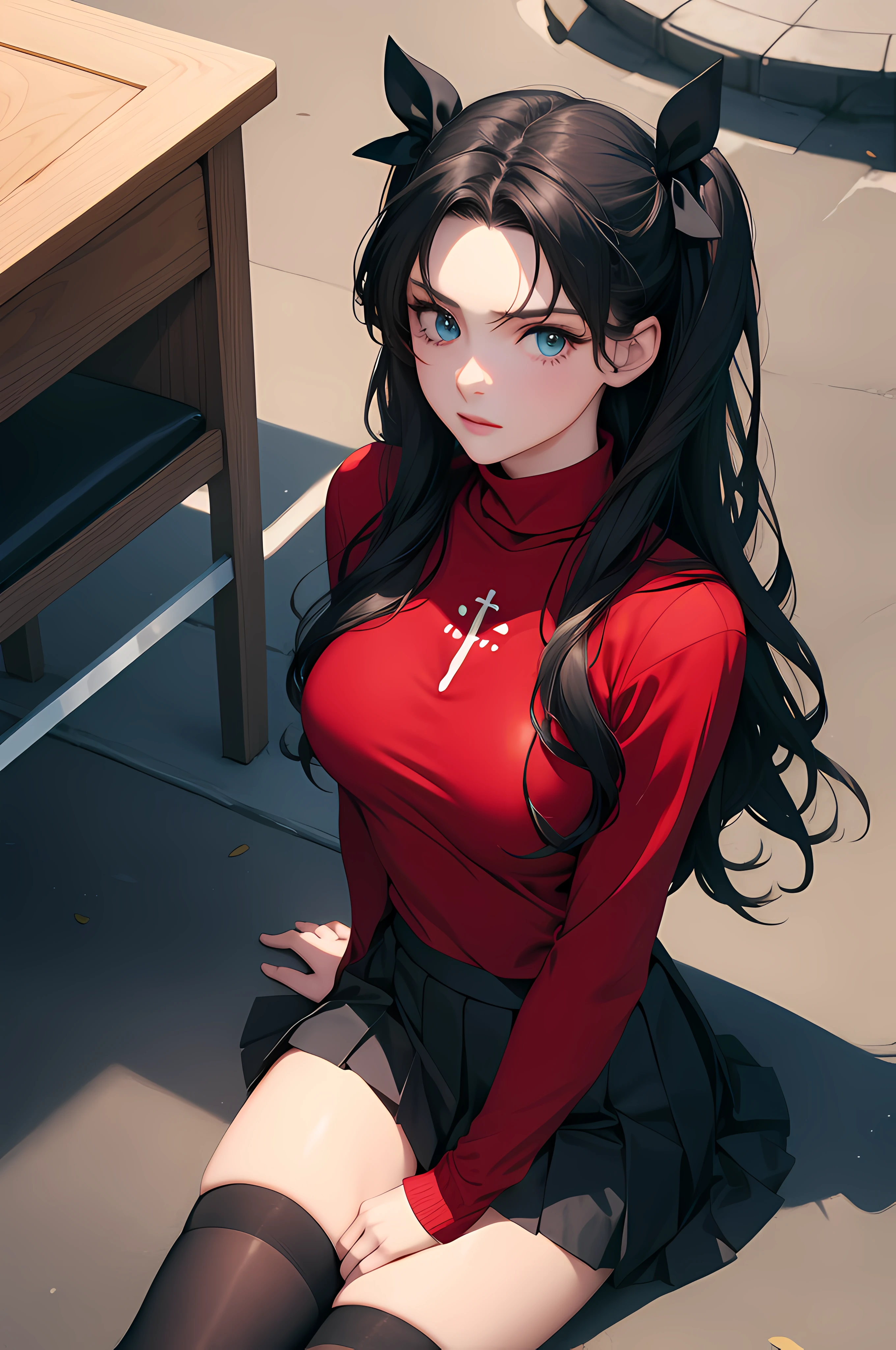 (masterpiece), best quality, expressive eyes, perfect face, 1girl, solo, rintohsaka, rin tohsaka, aqua eyes, black hair, hair ribbon, long hair, ribbon, sidelocks, two side up, black skirt, black thighhighs, long sleeves, miniskirt, pleated skirt, ((red sweater)), skirt, sweater, thighhighs, turtleneck, city background, sitting, from above, character sheet, portrait, looking at viewer,