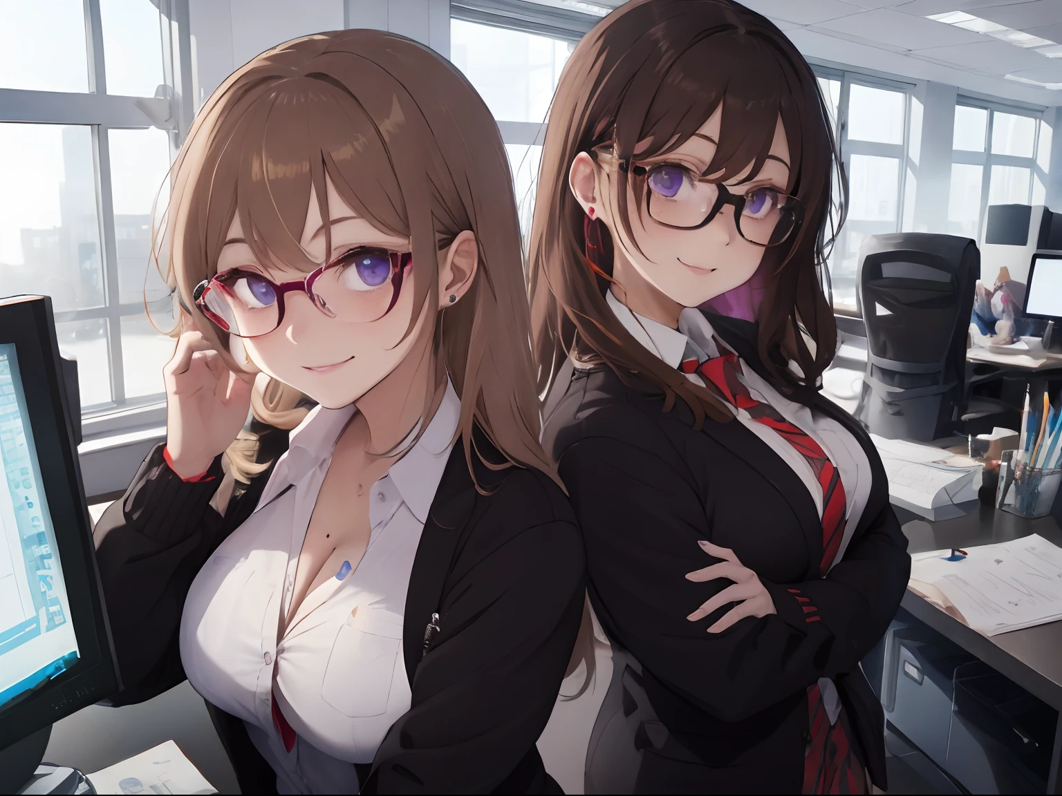 Company Office,There are a lot of papers, Computers and writing utensils around,Sharp woman with glasses,Officelady,Standing with a binder in hand, Lean forward so that you can see your cleavage,Brown hair,Blonde Orange Eyes,Blue eyes,Black fishnet tights,White and red and purple and black,Reddish cheeks,A smile,heart mark,Smokexxx,Scooped up hair,Moles under the eyes