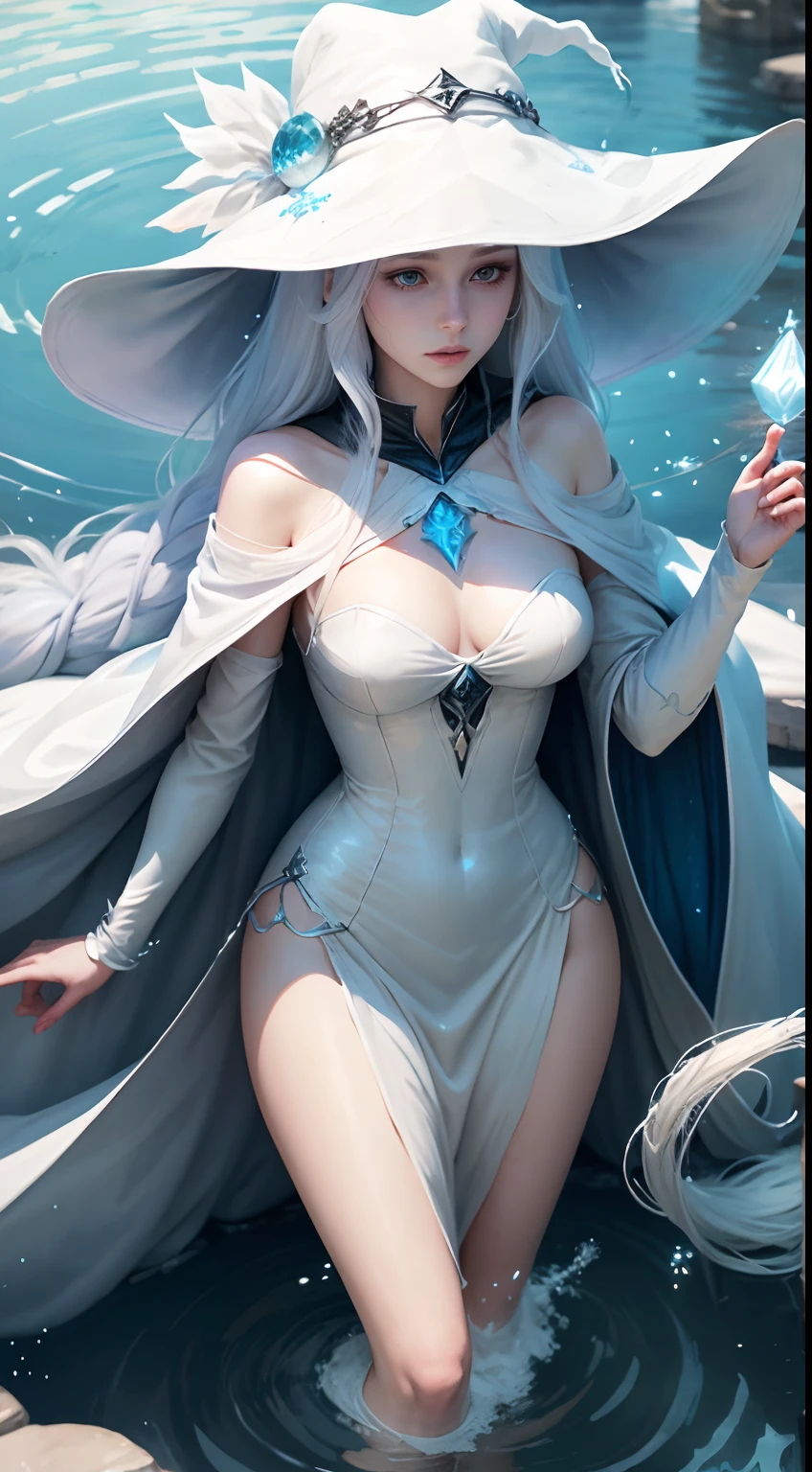 long white hair,sorceress woman,s girl,Witch robes,Witch hat,Water Mage,Water Mage,White skin,with light glowing,Floating water ring,Floating particles